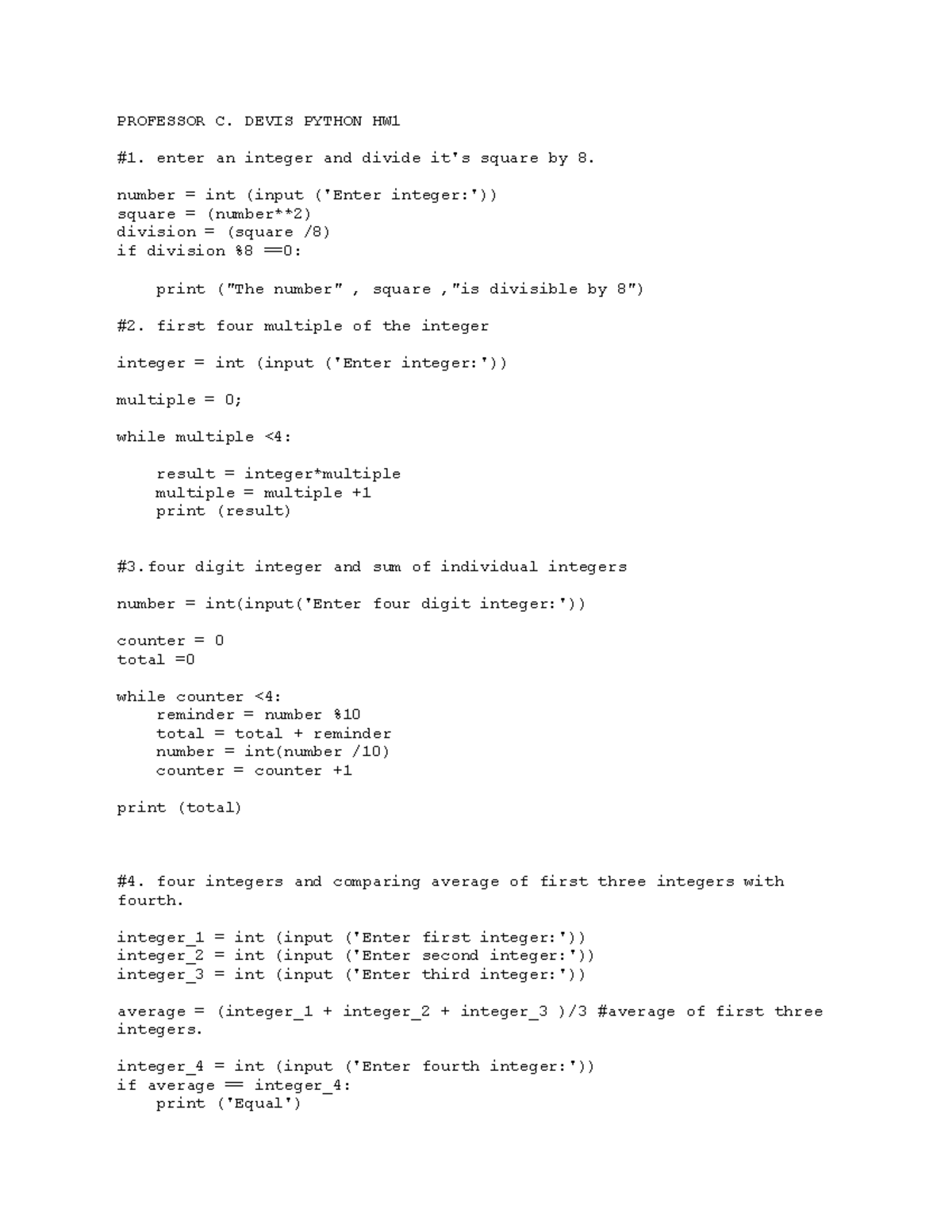 HW1 - Python Programming Assignments by Prof. C. Devis (Fall 2019 ...