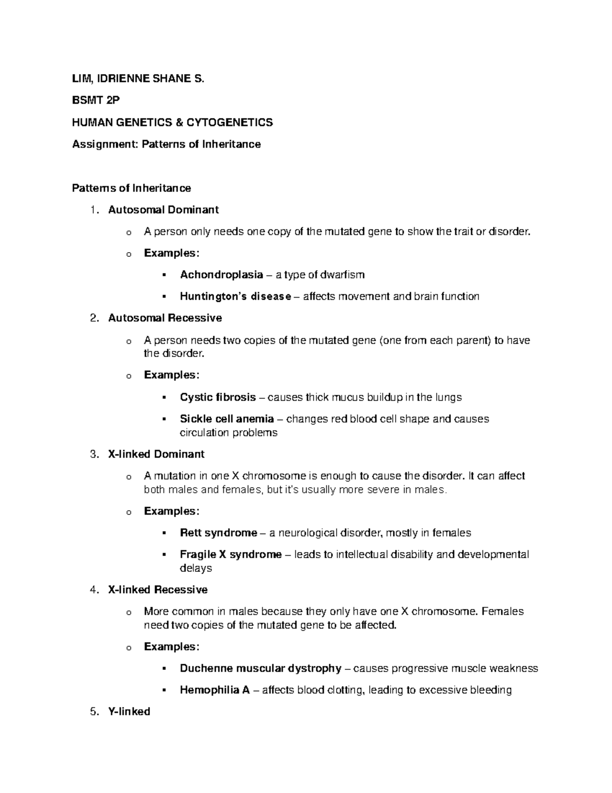 LIM Patterns OF Inheritance - LIM, IDRIENNE SHANE S. BSMT 2P HUMAN ...