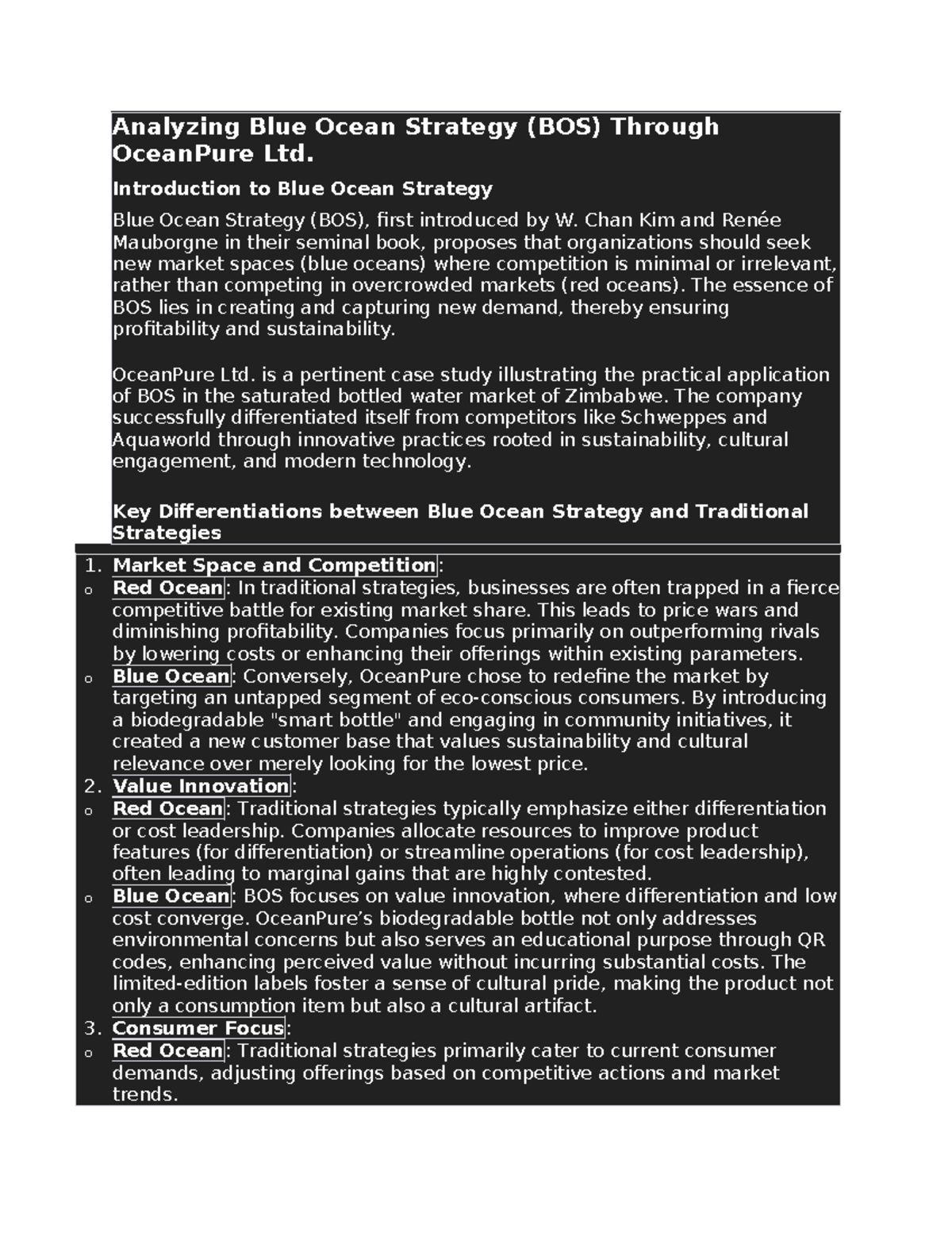 BOS Case Study: Blue Ocean Strategy in OceanPure Ltd. - Studocu