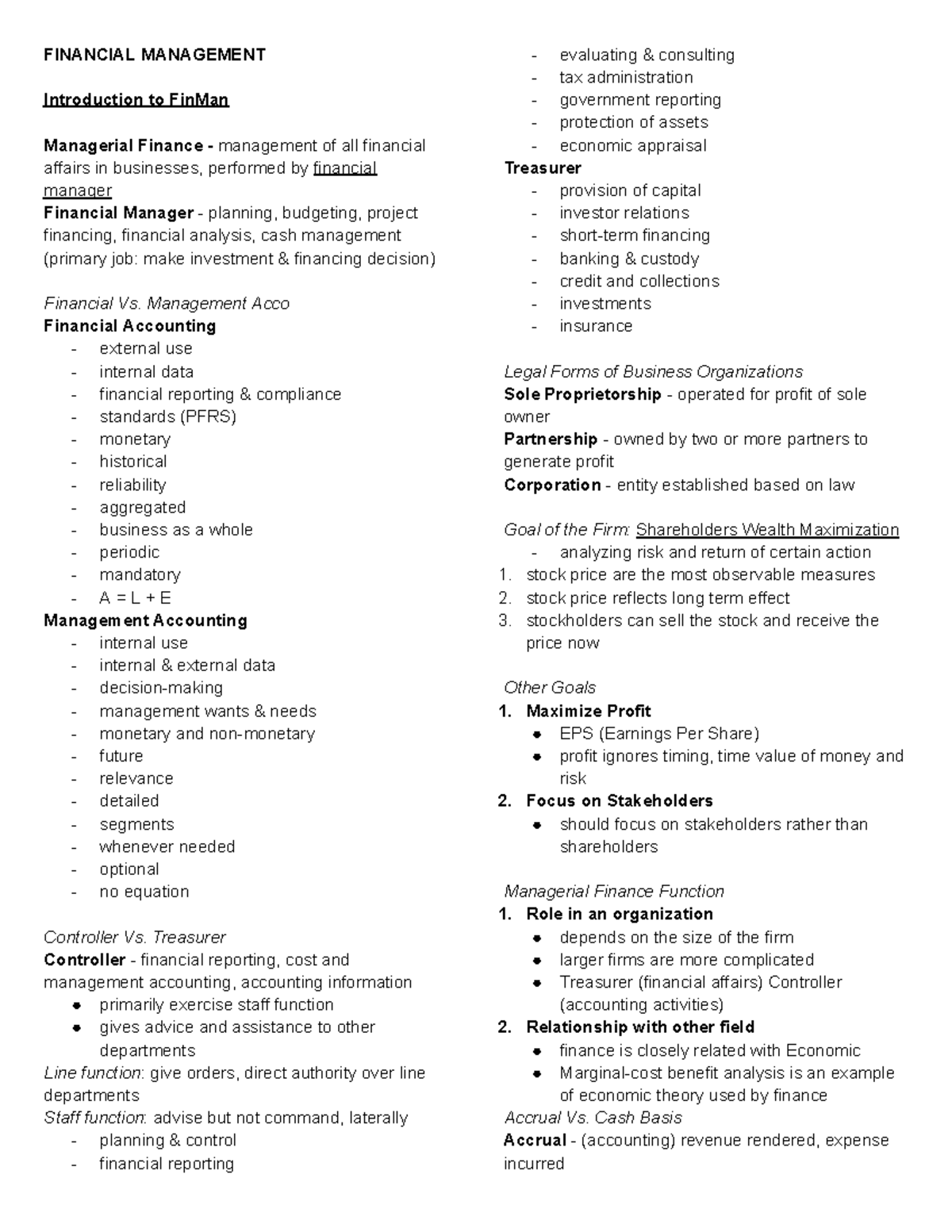 FinMan Midterm Study Notes: Key Concepts in Financial Management - Studocu