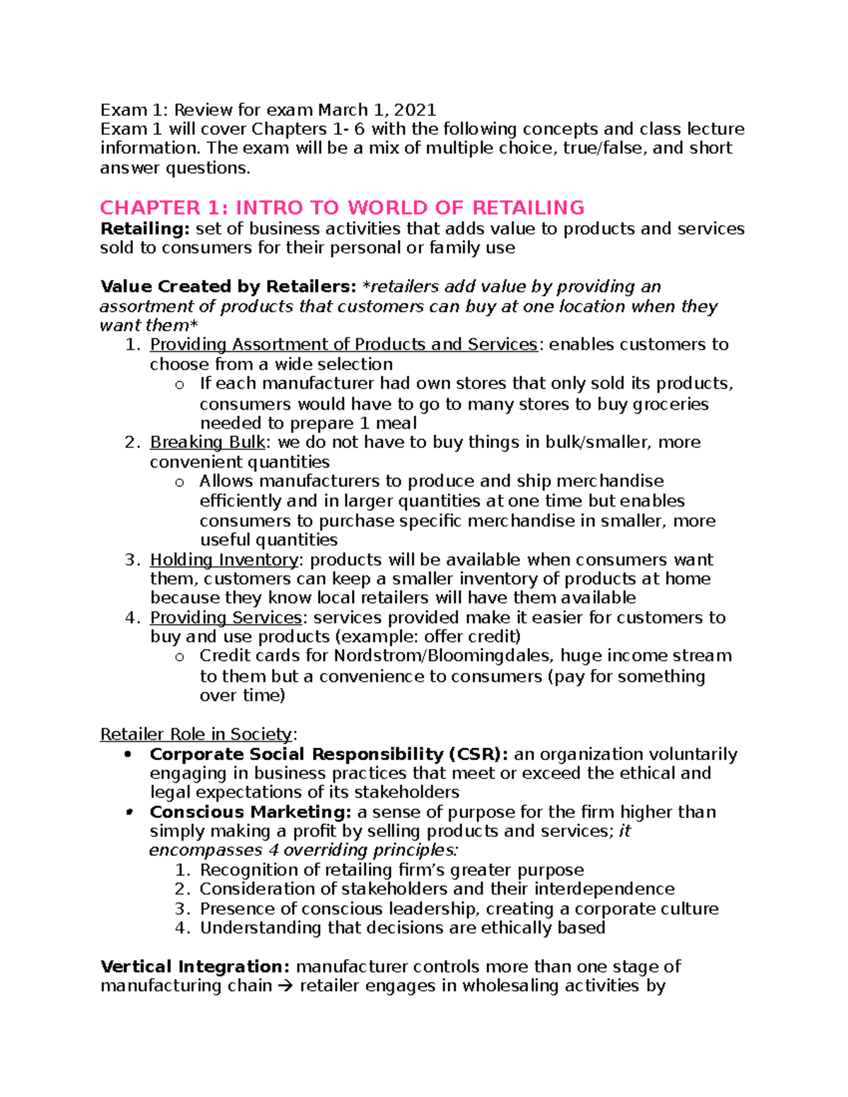 Retail Study Guide: Exam 1 Review for Retailing Concepts - Studocu