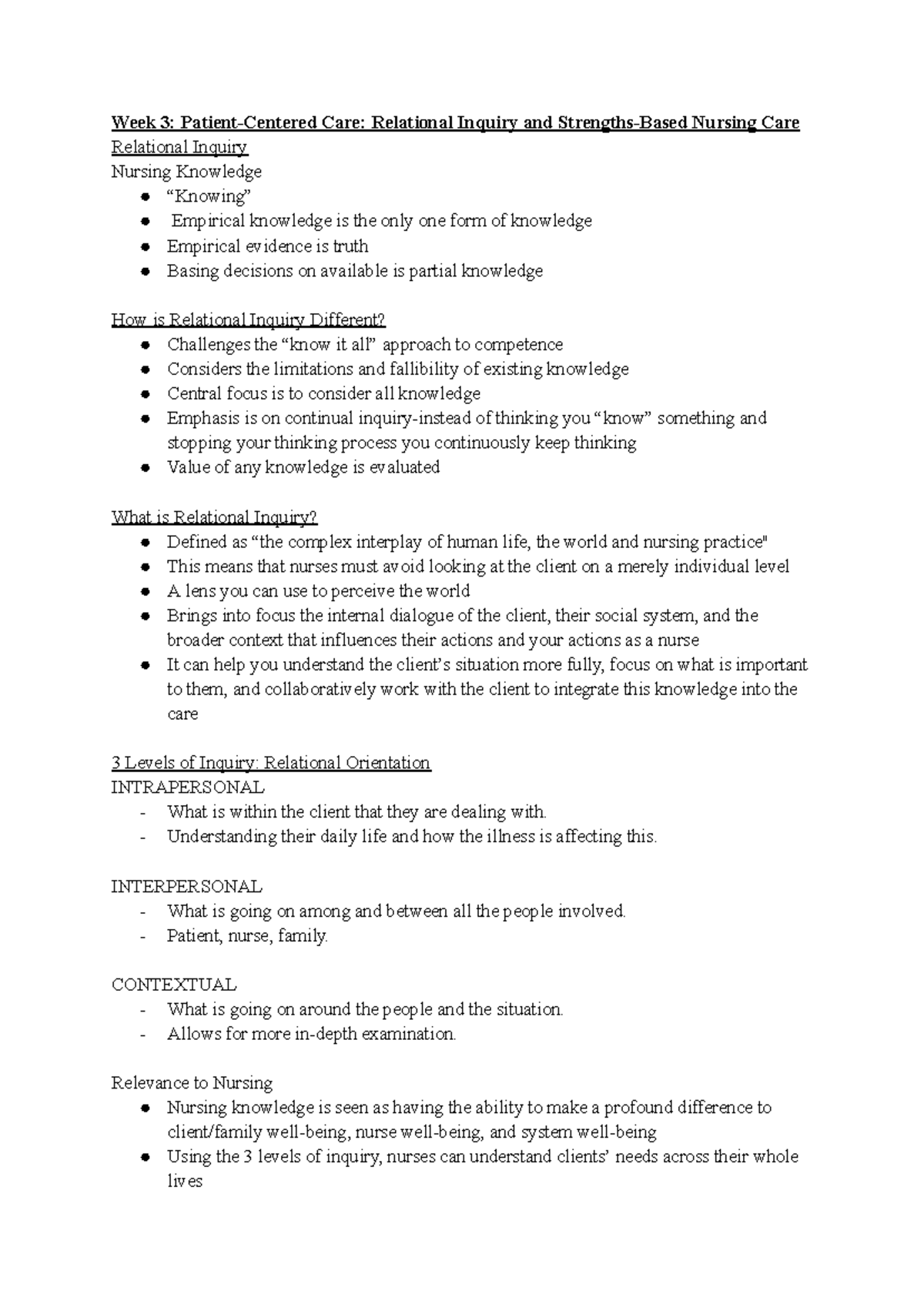 NUR 101: Week 3 - Relational Inquiry in Nursing Care - Studocu
