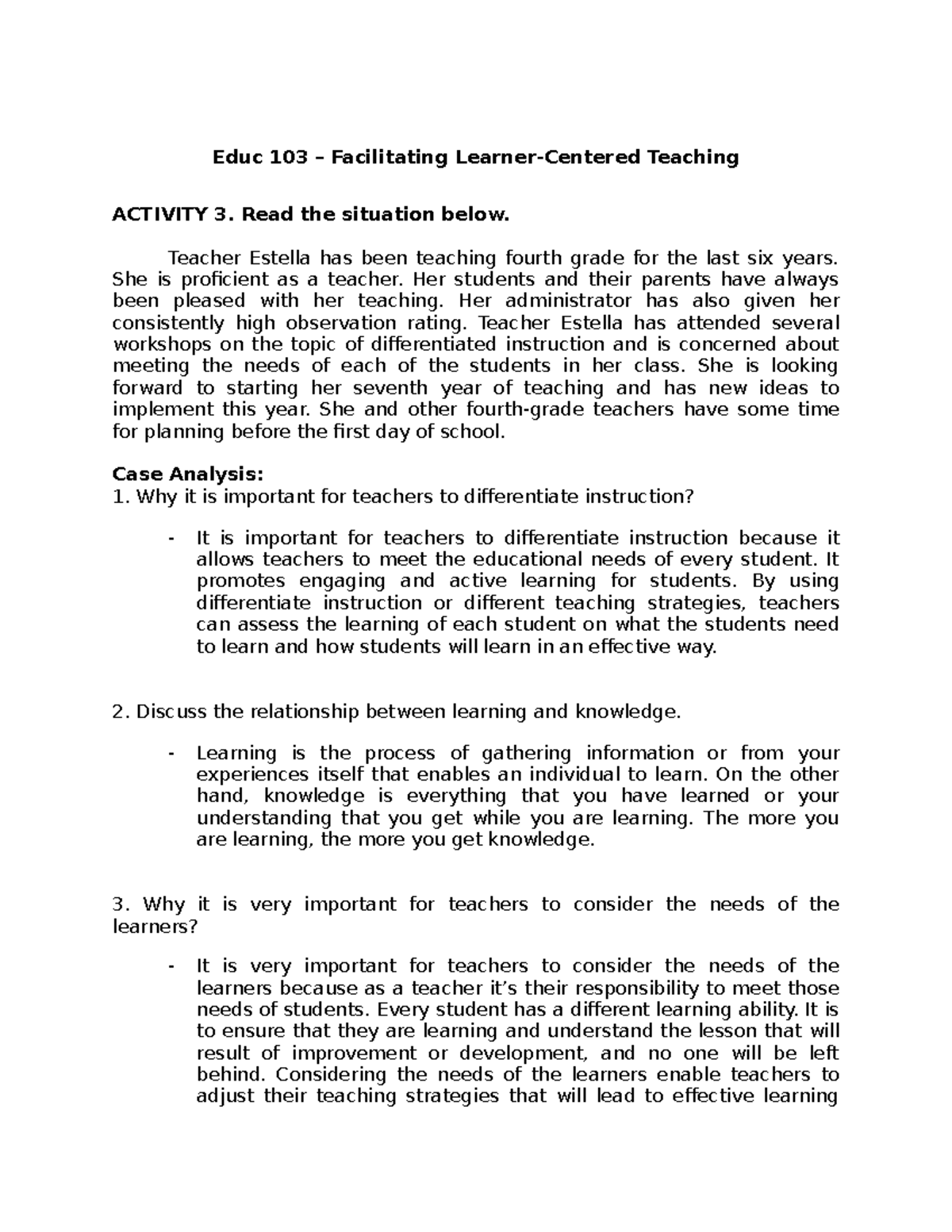 Educ 103 Activity - ASSIGNMENT - Educ 103 – Facilitating Learner ...