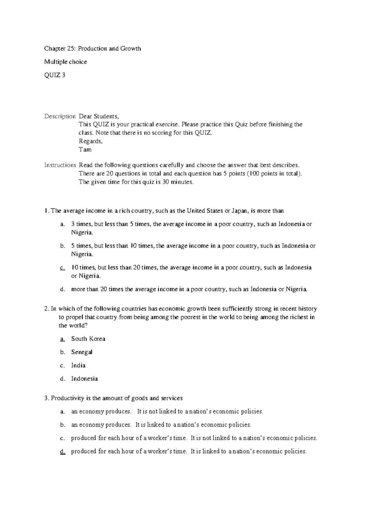 Quiz 3 Solutions: Chapter 25 - Production and Growth Analysis - Studocu