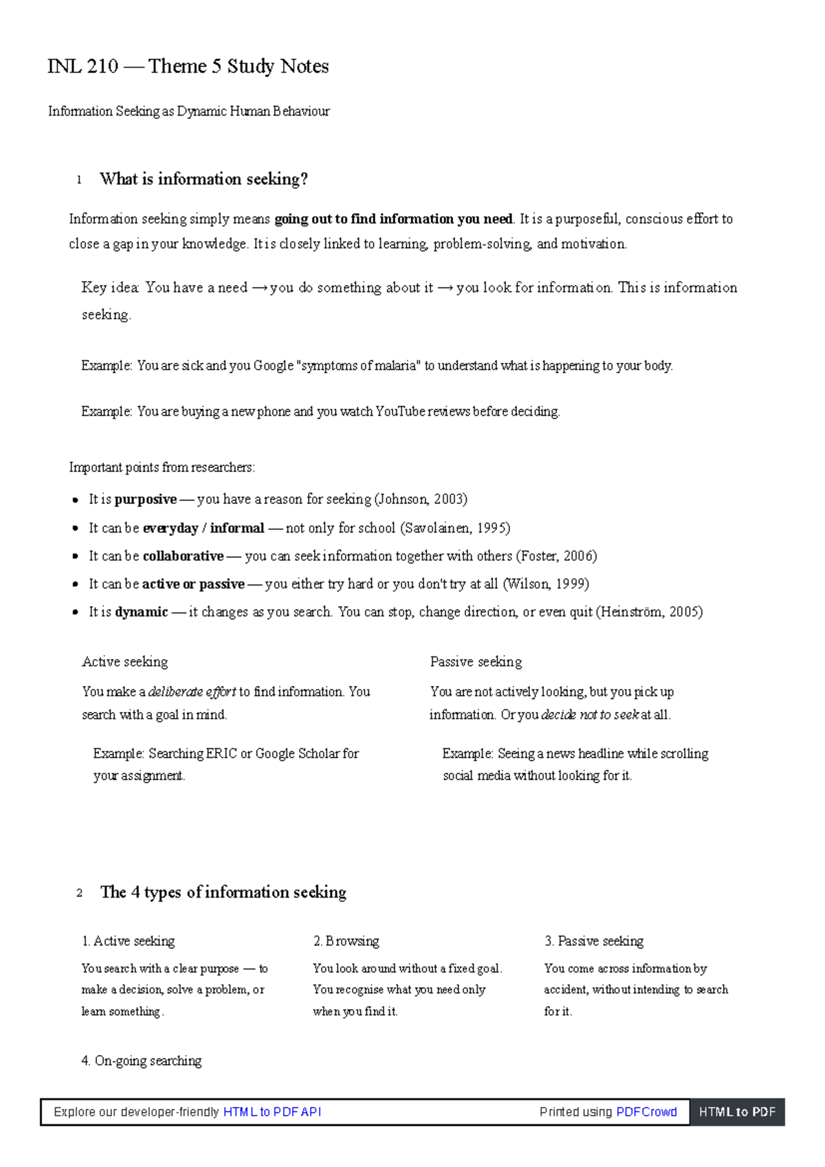 INL 210 Theme 5 Study Notes: Information Seeking Behaviors and Dynamics ...