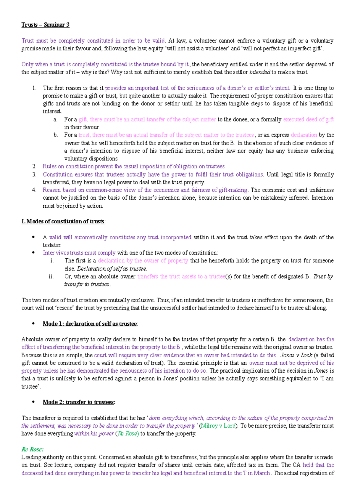 Trusts - Seminar 3: Understanding the Constitution of Trusts - Studocu