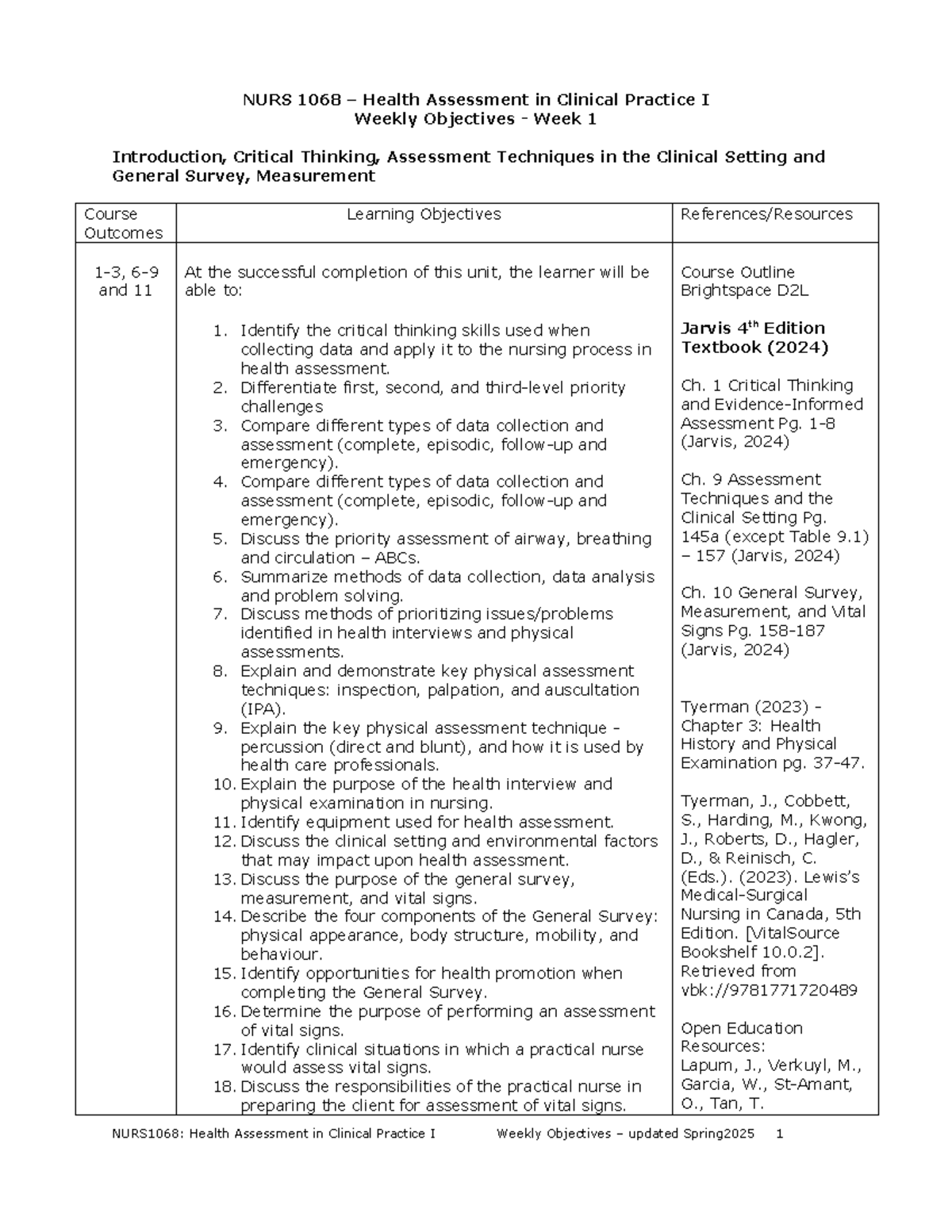 NURS 1068 Week 1 Objectives: Health Assessment Techniques & Critical ...
