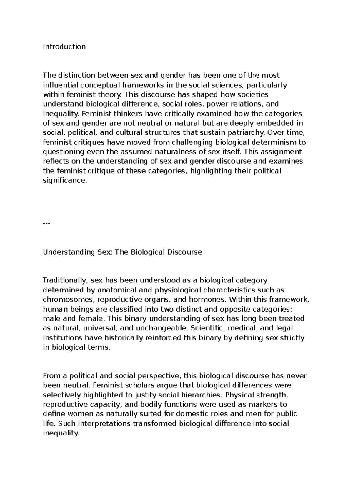 Feminist Theory: Understanding Sex and Gender Discourse - Studocu