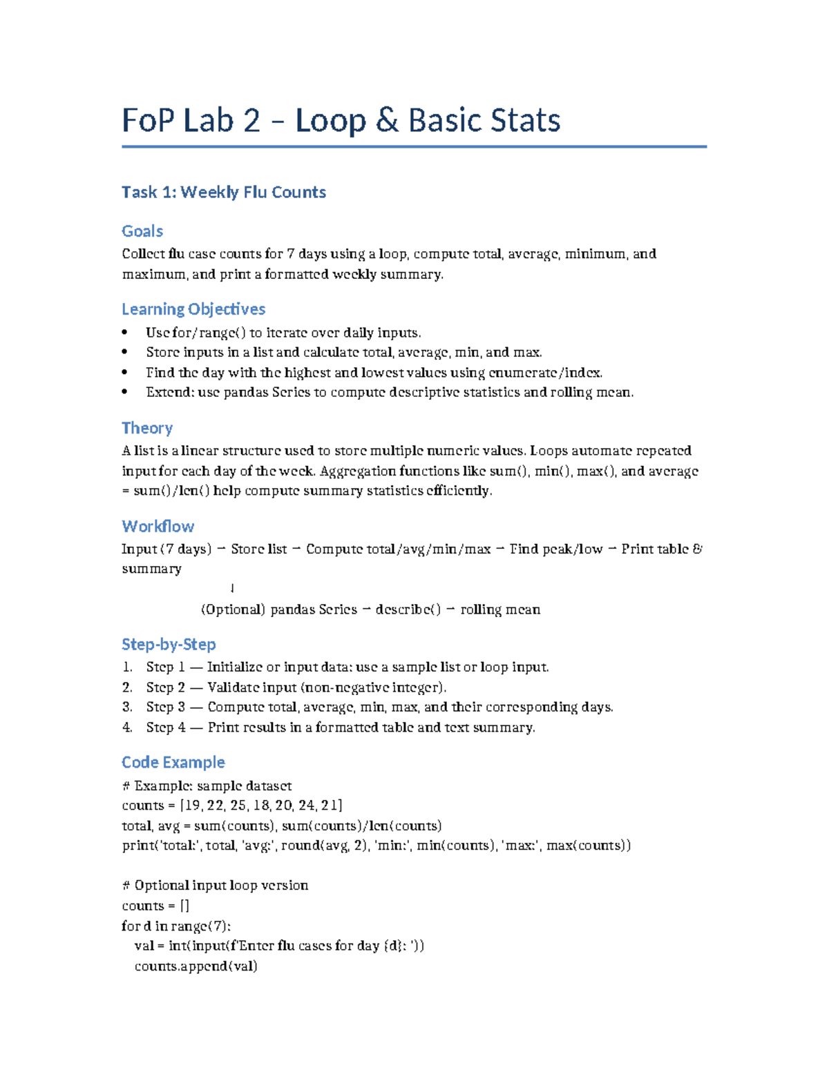 FoP Lab 2: Weekly Flu Counts & Statistical Analysis Tasks - Studocu