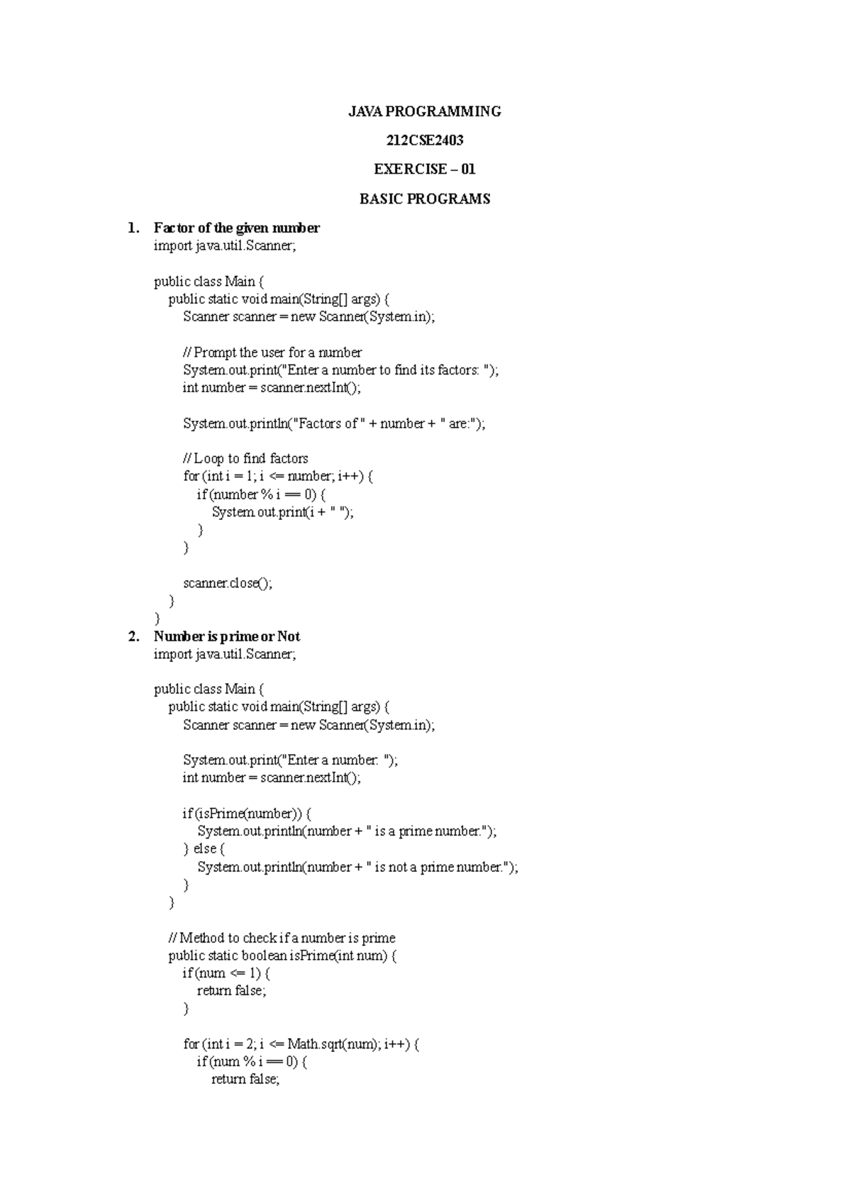 Basic program in Java - JAVA PROGRAMMING 21 2CSE EXERCISE – 01 BASIC ...