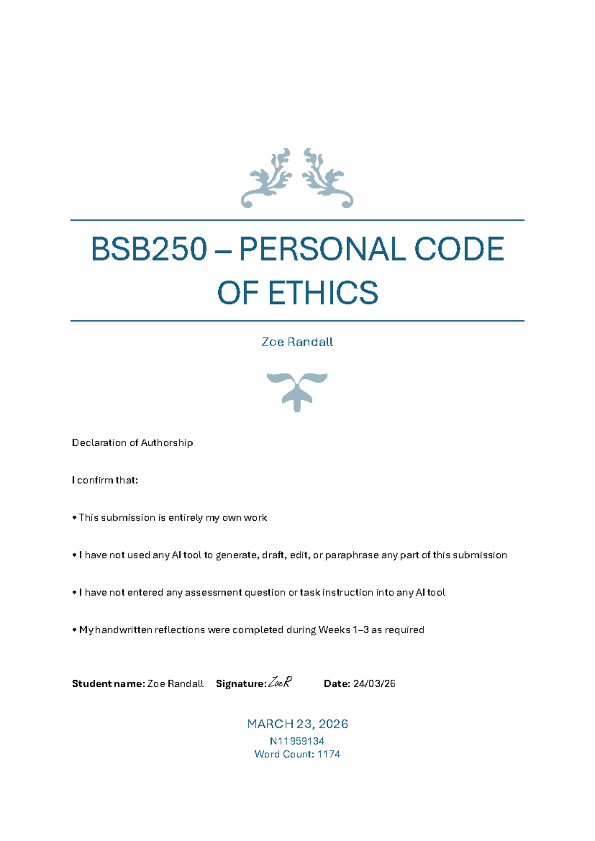 BSB250 A1 - Personal Code of Ethics and Reflection on Bias - Studocu