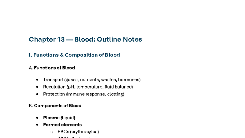 Chapter 13 Blood: Detailed Outline Notes on Functions & Composition ...