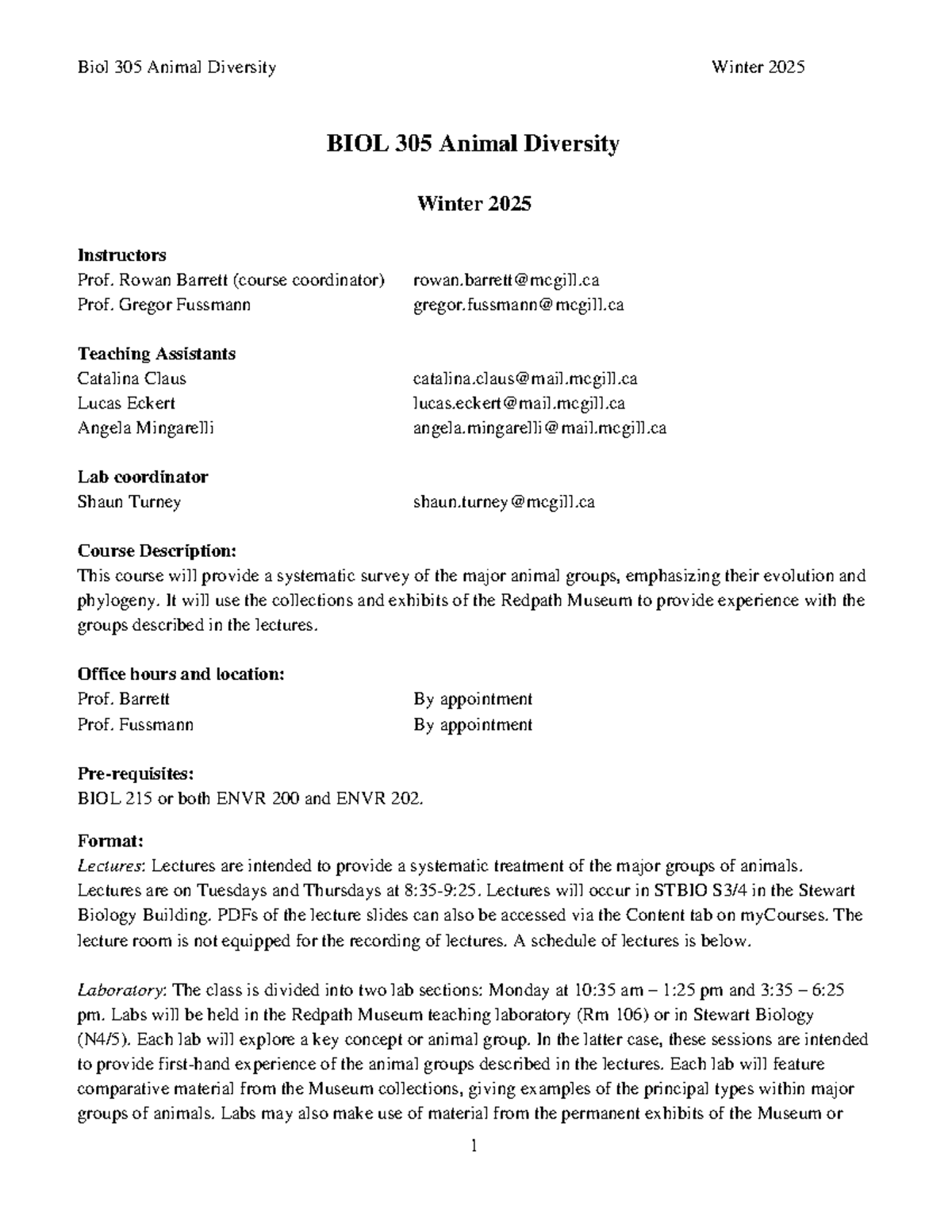 BIOL 305 Animal Diversity 2025 Course Syllabus and Lecture Schedule ...