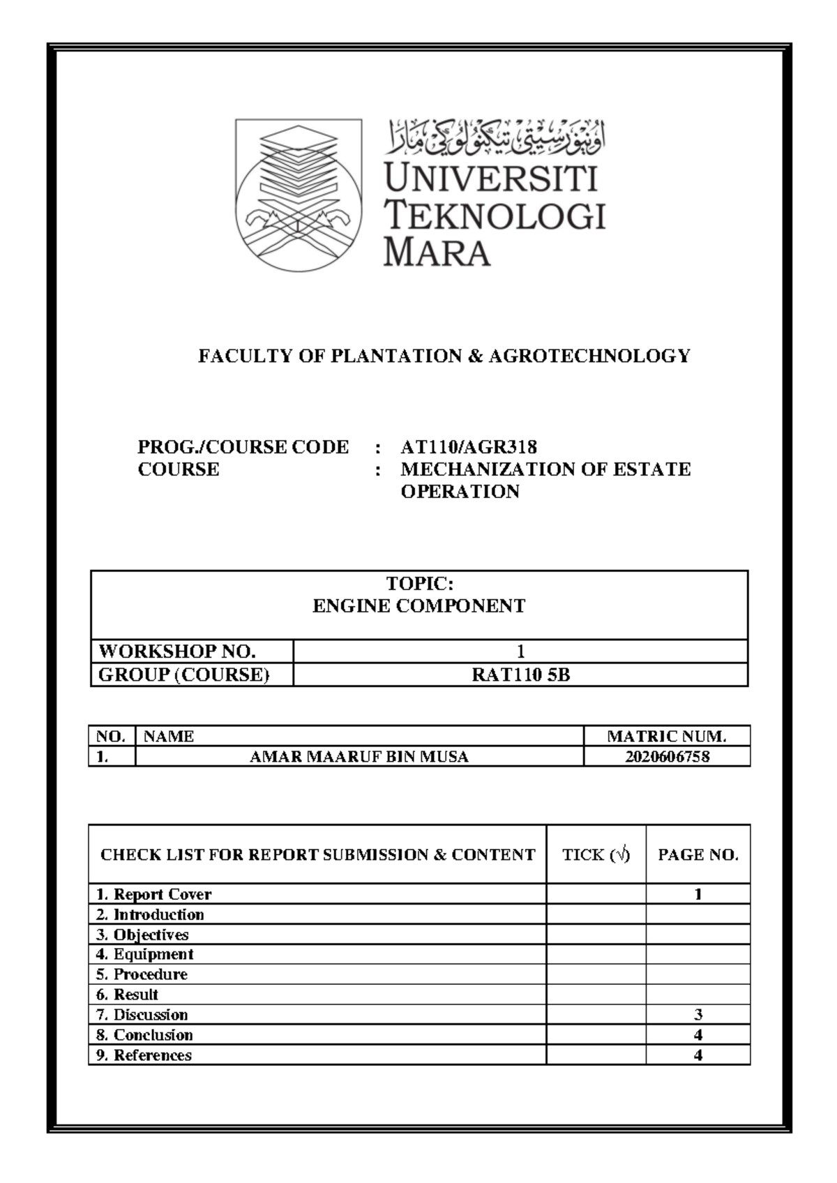 LAB 1 AGR318 - FACULTY OF PLANTATION & AGROTECHNOLOGY PROG./COURSE CODE ...