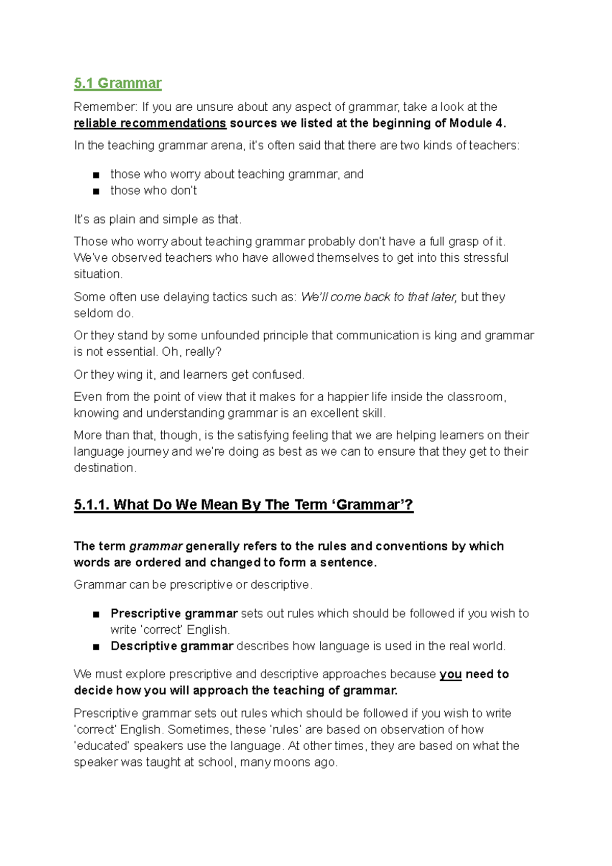 TEFL Module 5: Understanding Prescriptive vs. Descriptive Grammar - Studocu