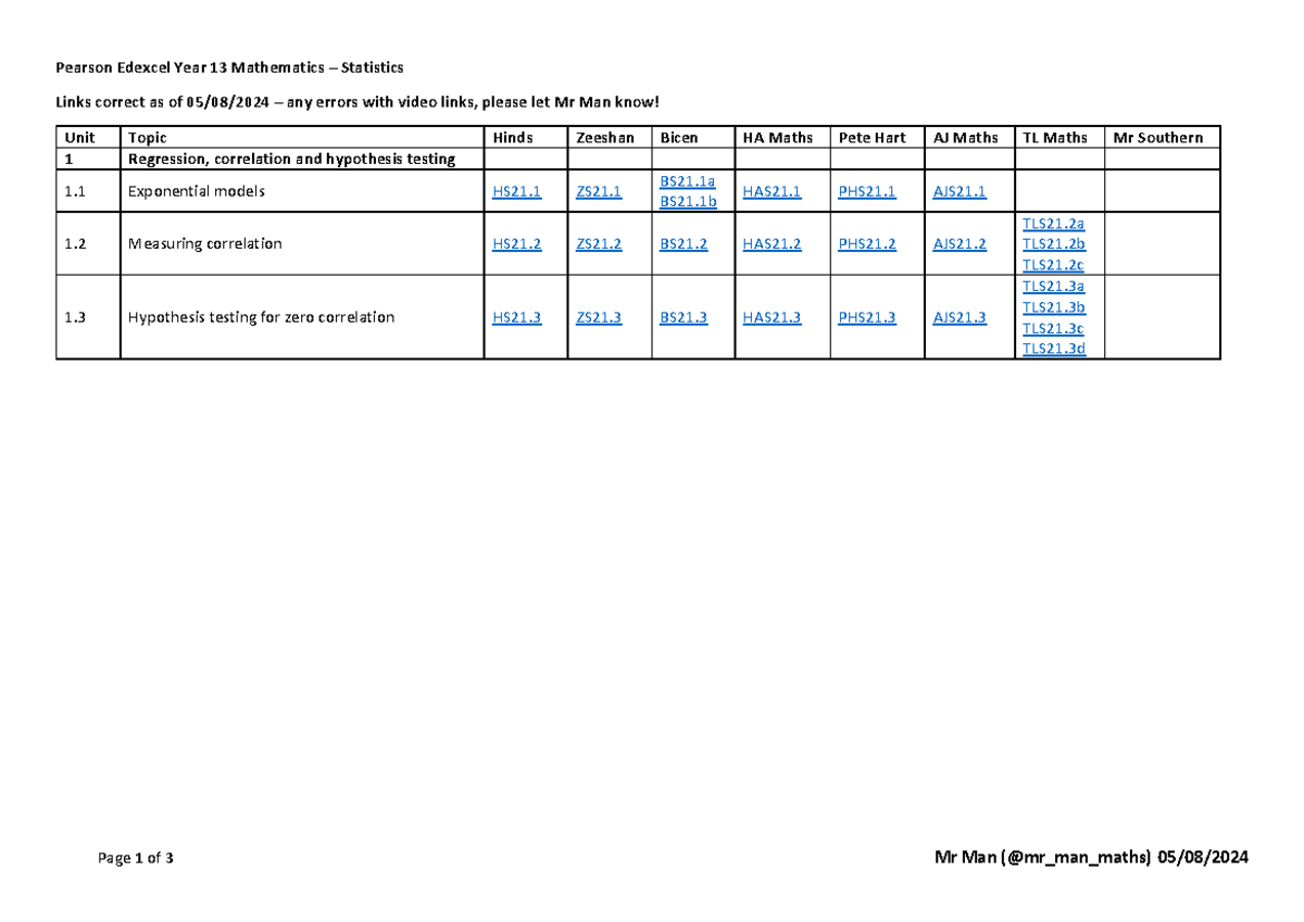 Pearson Edexcel Year 13 Maths Statistics Video Links & Topics - Studocu