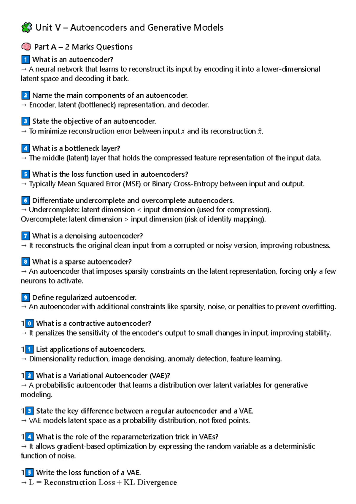 Unit V Autoencoders & Generative Models: 2 Marks Q&A - Studocu