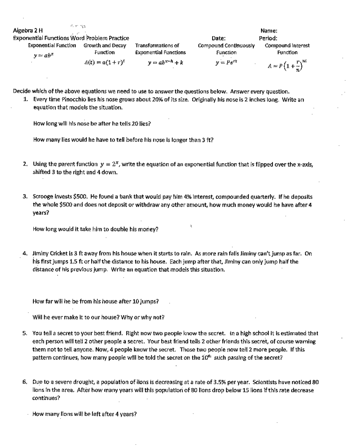 Exponential Functions Word Problems - Answer Key Guide - Studocu