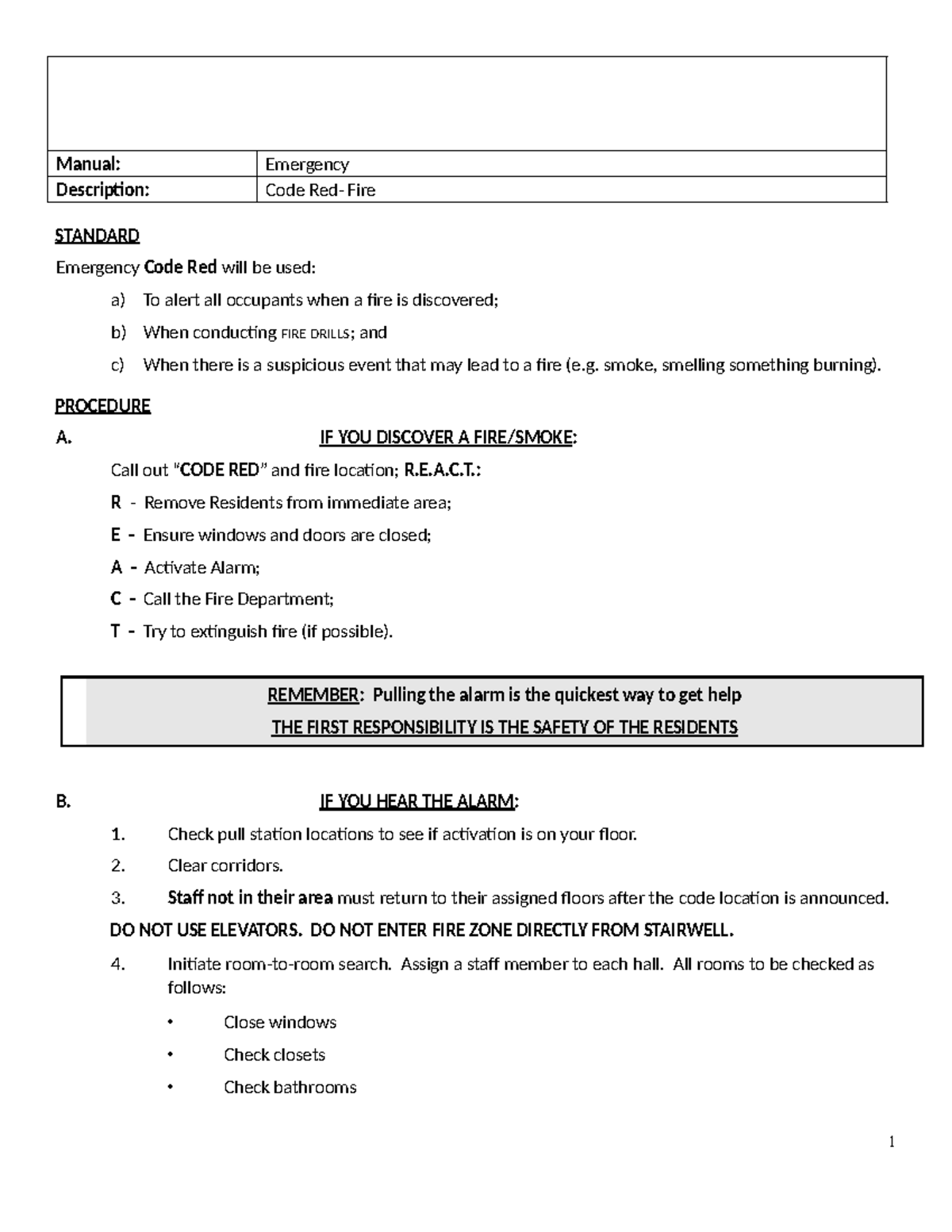 Code Red Procedure: Emergency Fire Response Manual - Studocu