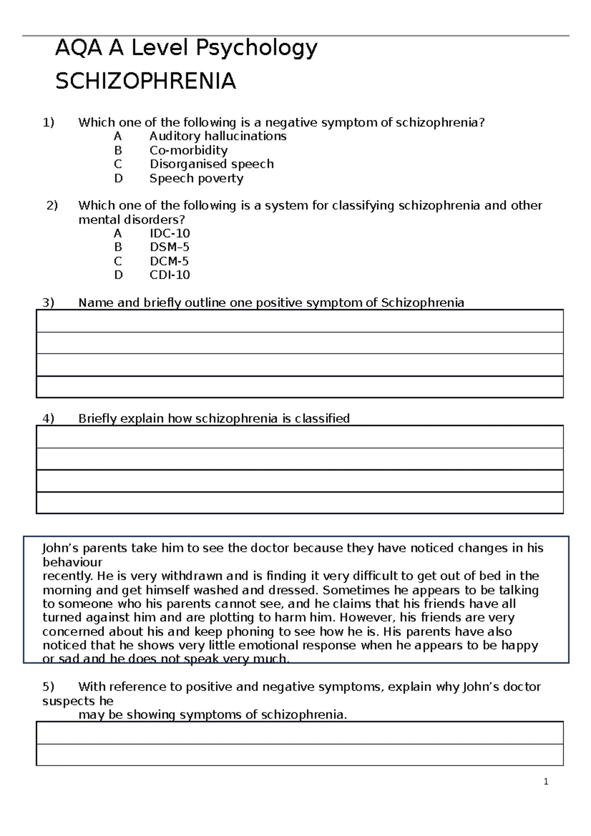 Quiz on Schizophrenia - AQA Psychology Year 2 Insights - Studocu