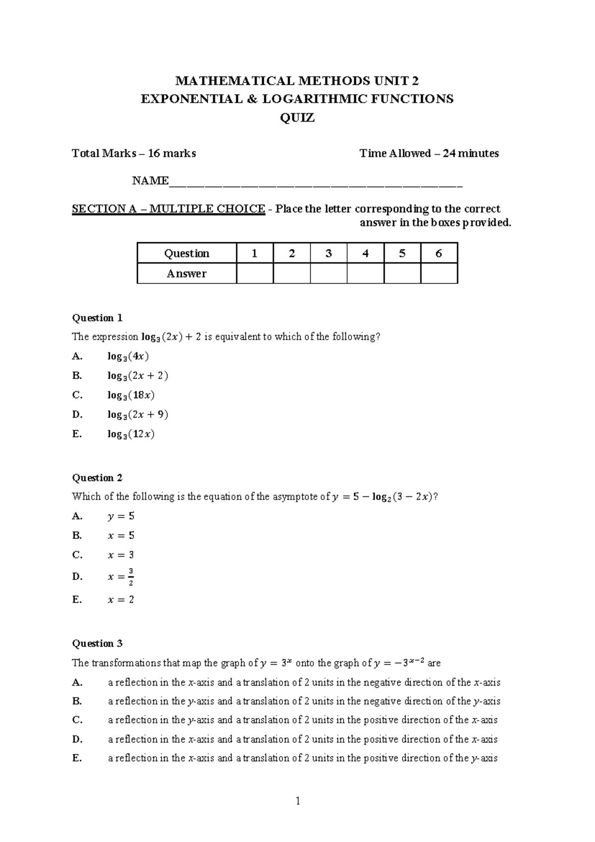 U2 MM Exponential & Logarithmic Functions Quiz - Studocu