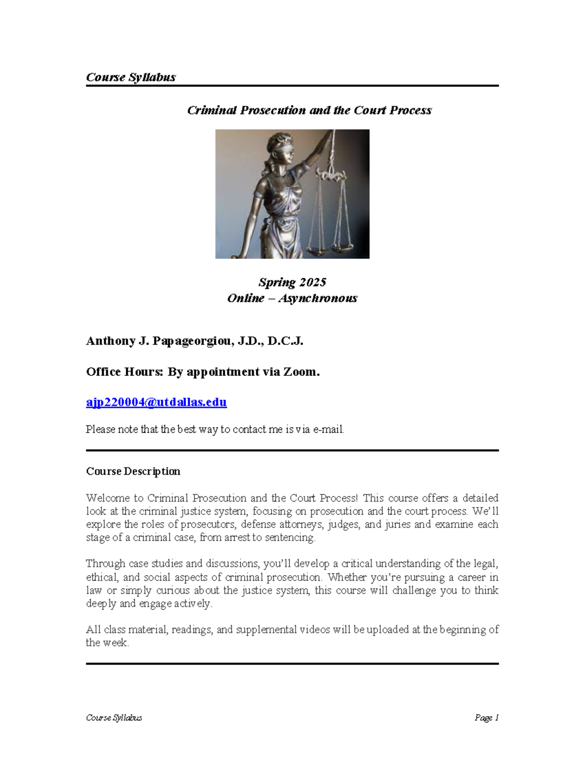 Criminal Prosecution and the Court Process Spring 2025 Syllabus ...