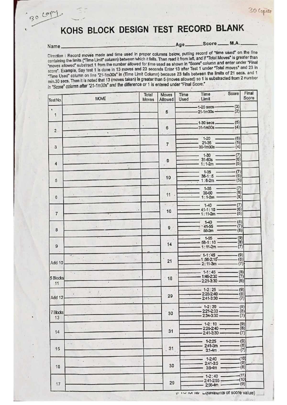 KOHS 30 Block Design Test Record: Practical Manual Guide - Studocu