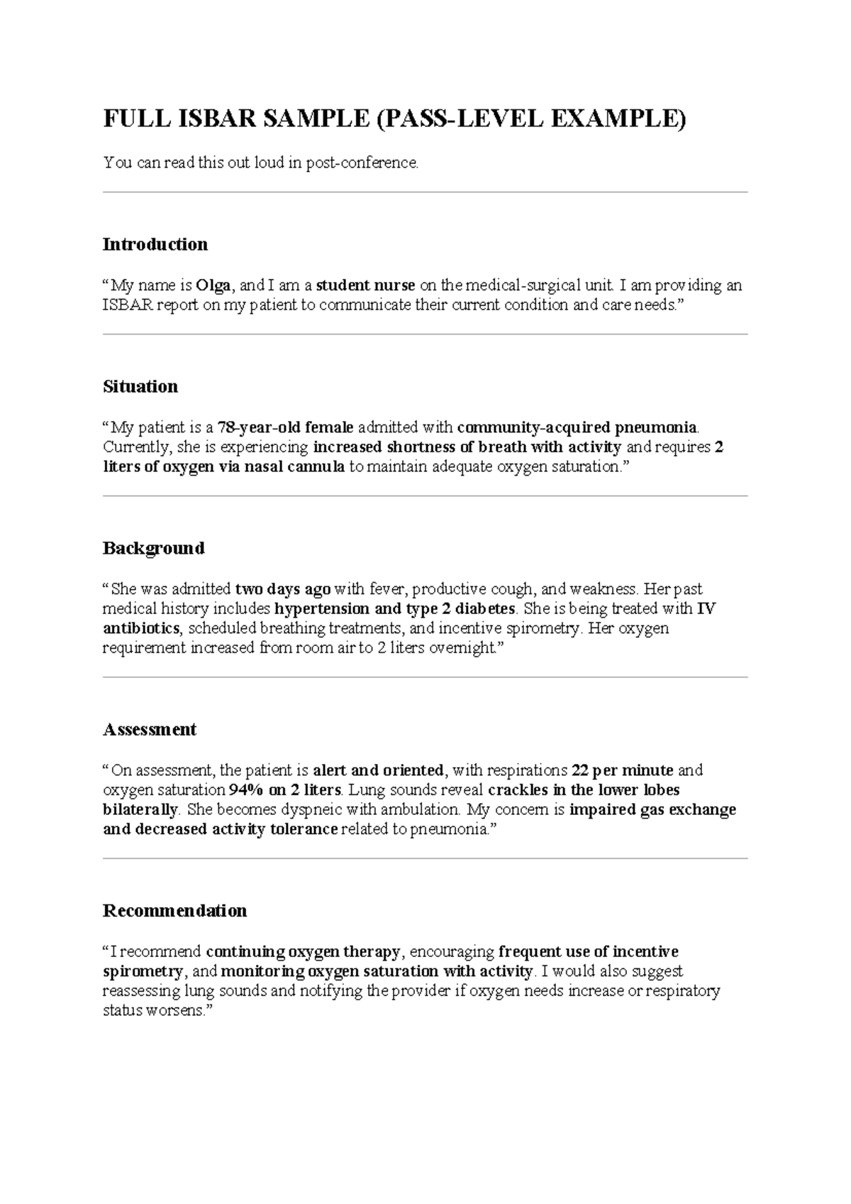 ISBAR Report Sample Patient Assessment For Nursing Practice Studocu