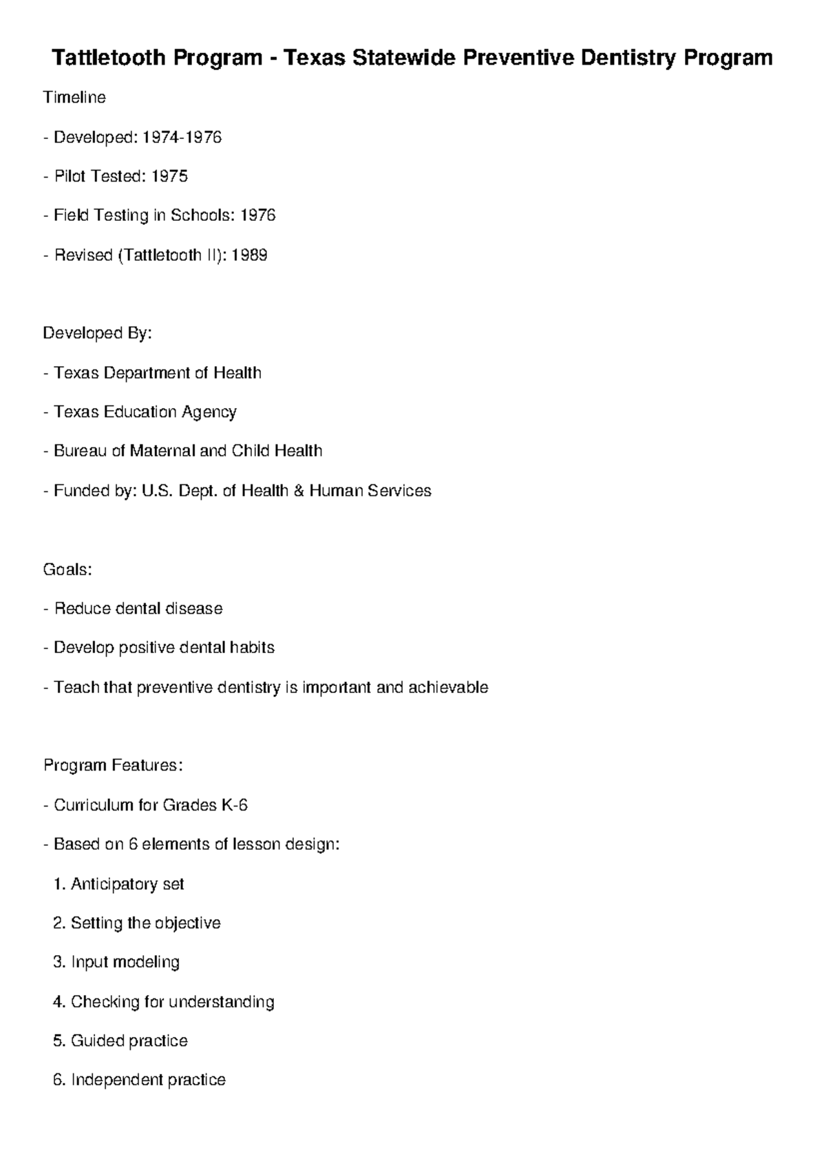 Tattletooth Program Notes: Texas Statewide Preventive Dentistry - Studocu
