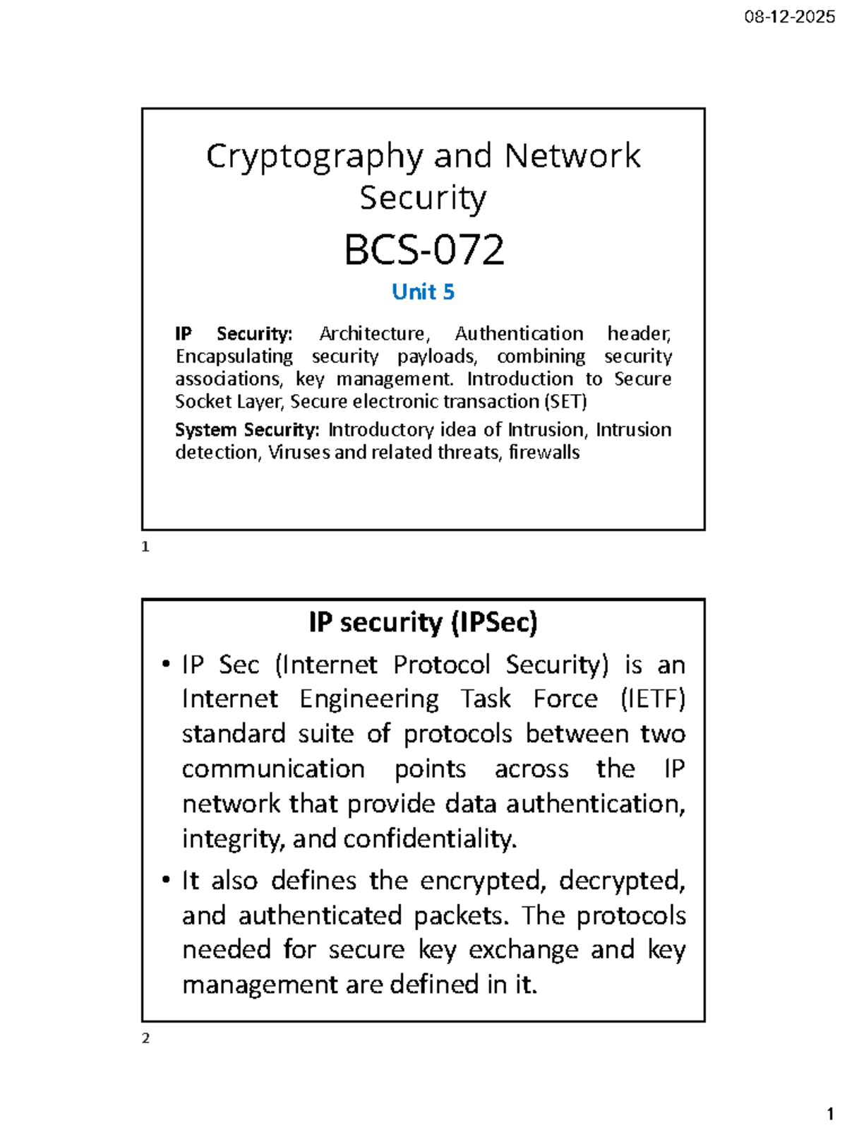 CNS-Unit 5 - Comprehensive Notes on IP Security and Architecture - Studocu