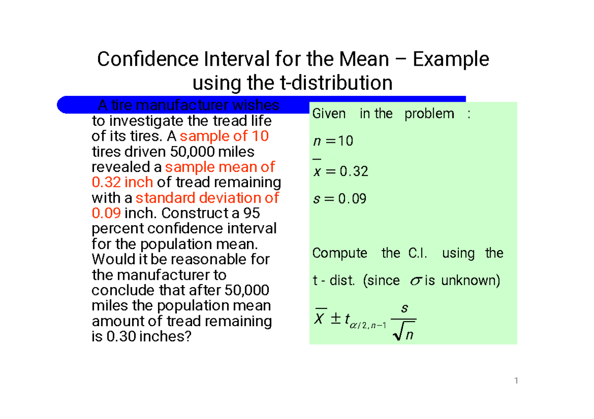Cont.confidence interval - Confidence Interval for the Mean – Example ...