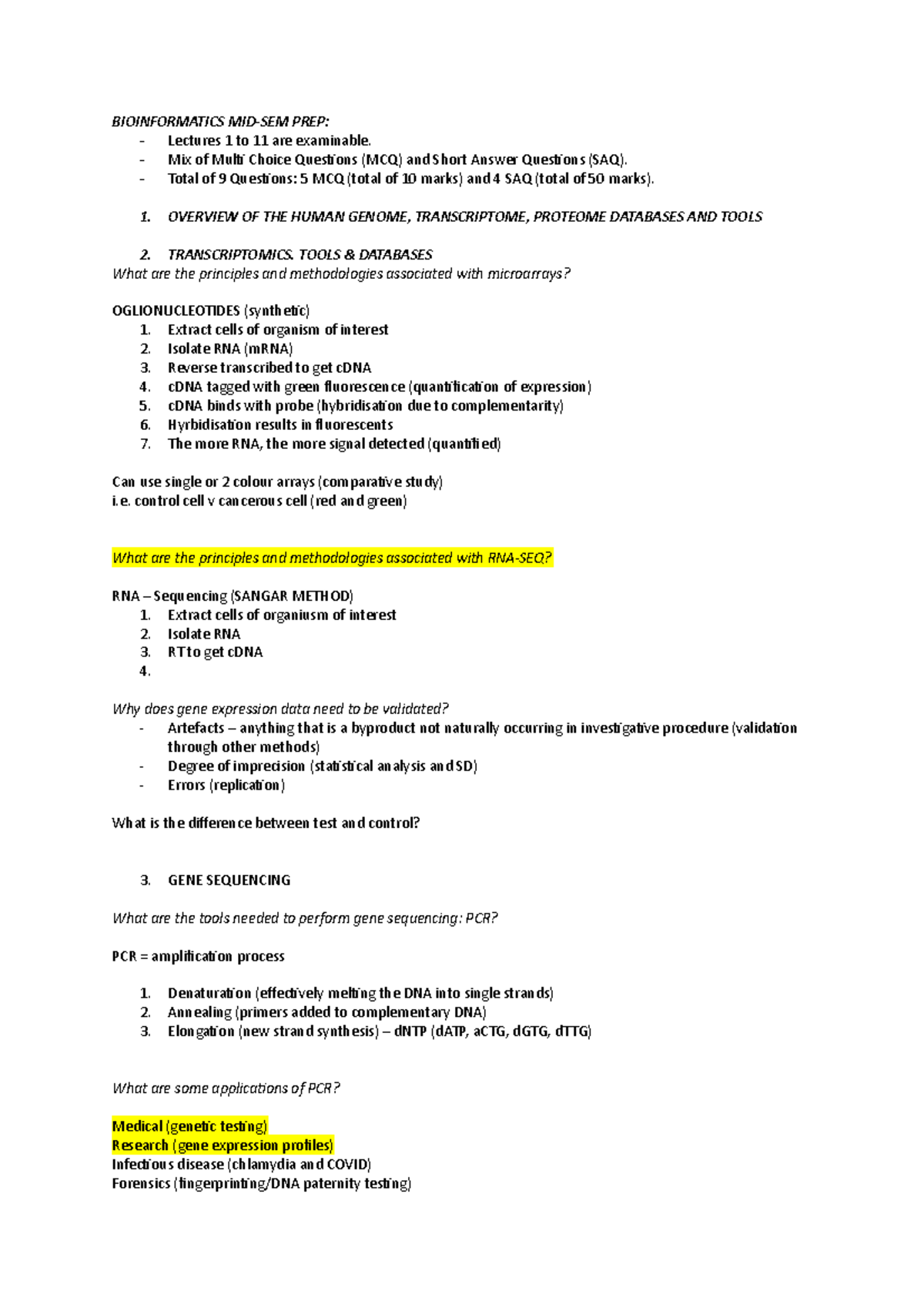 BI BIOINFORMATICS MID-SEMESTER PREPARATION NOTES - LECTURE 1-11 - Studocu