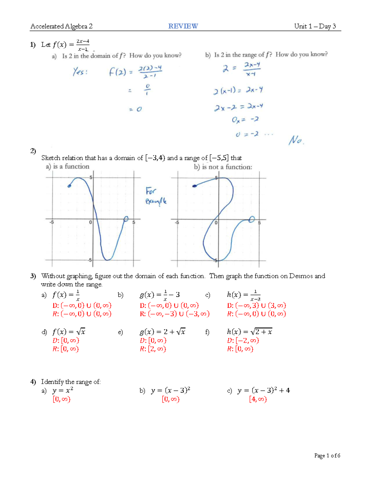 Accelerated Algebra 2 REVIEW Unit 1 Day 3 Solutions - Studocu
