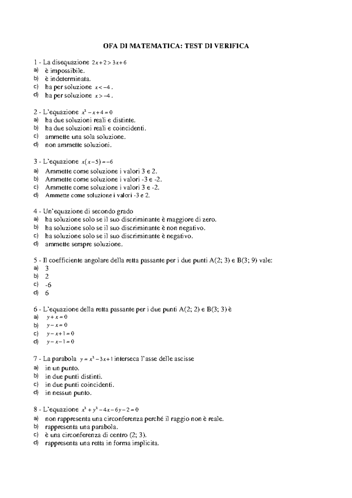 OFA DI MATEMATICA: TEST DI VERIFICA 1 - Esercizi e Soluzioni - Studocu