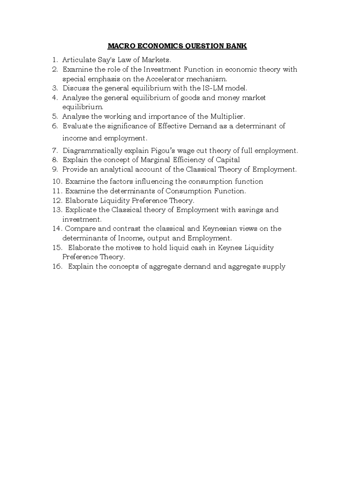 MACRO ECONOMICS QUESTION BANK 3: Key Concepts & Theories - Studocu