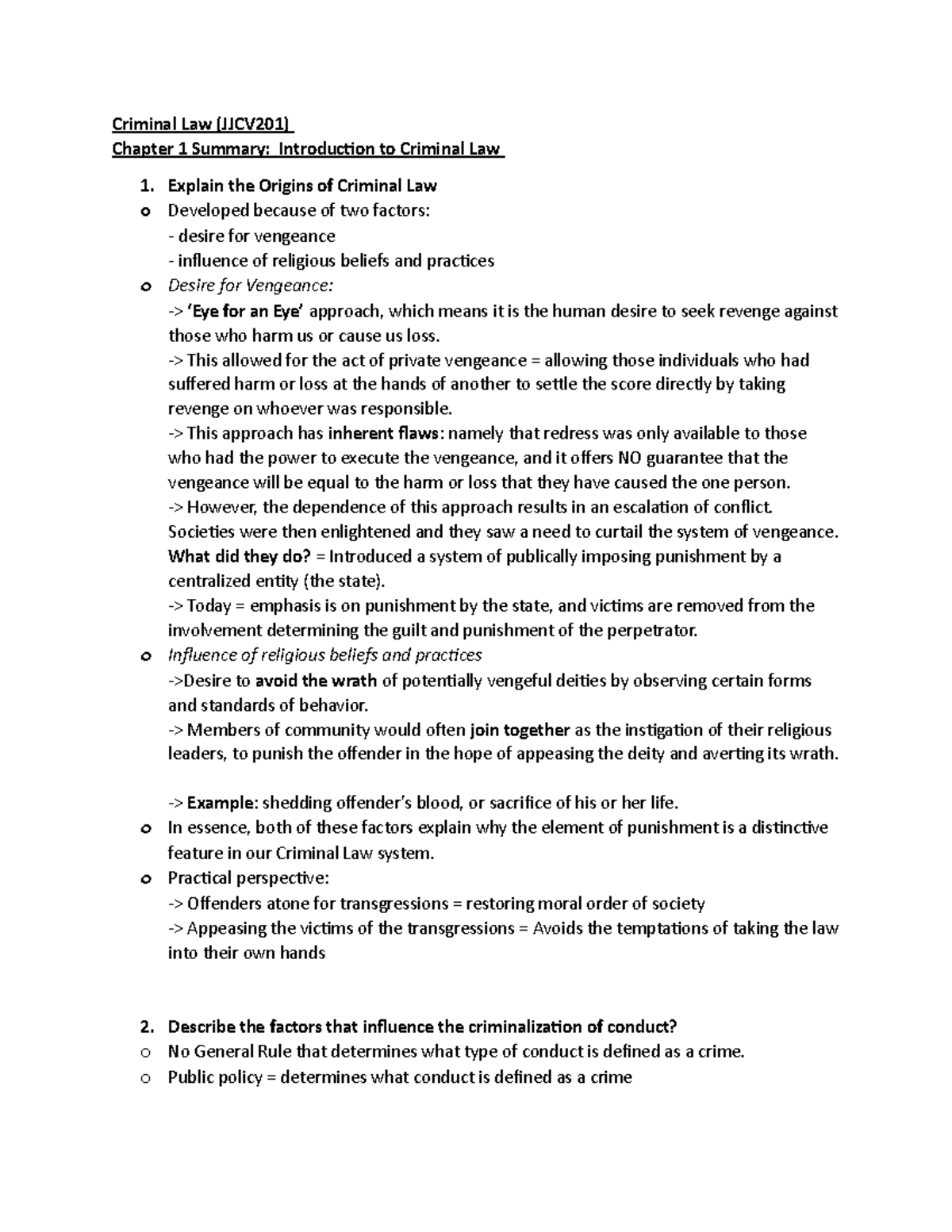 Criminal Law (JJCV201) Chapter 1: Introduction & Key Concepts - Studocu