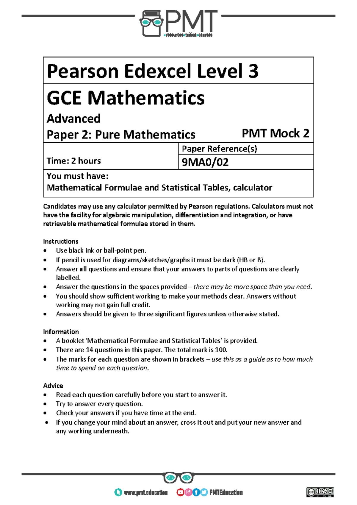 Pearson Edexcel Level 3 GCE Mathematics Paper 2: Pure Math Mock 2 - Studocu