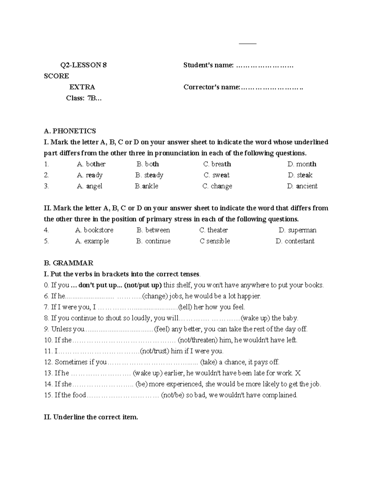 THT - Quiz 8: Phonetics and Grammar Practices for Class 7B - Studocu