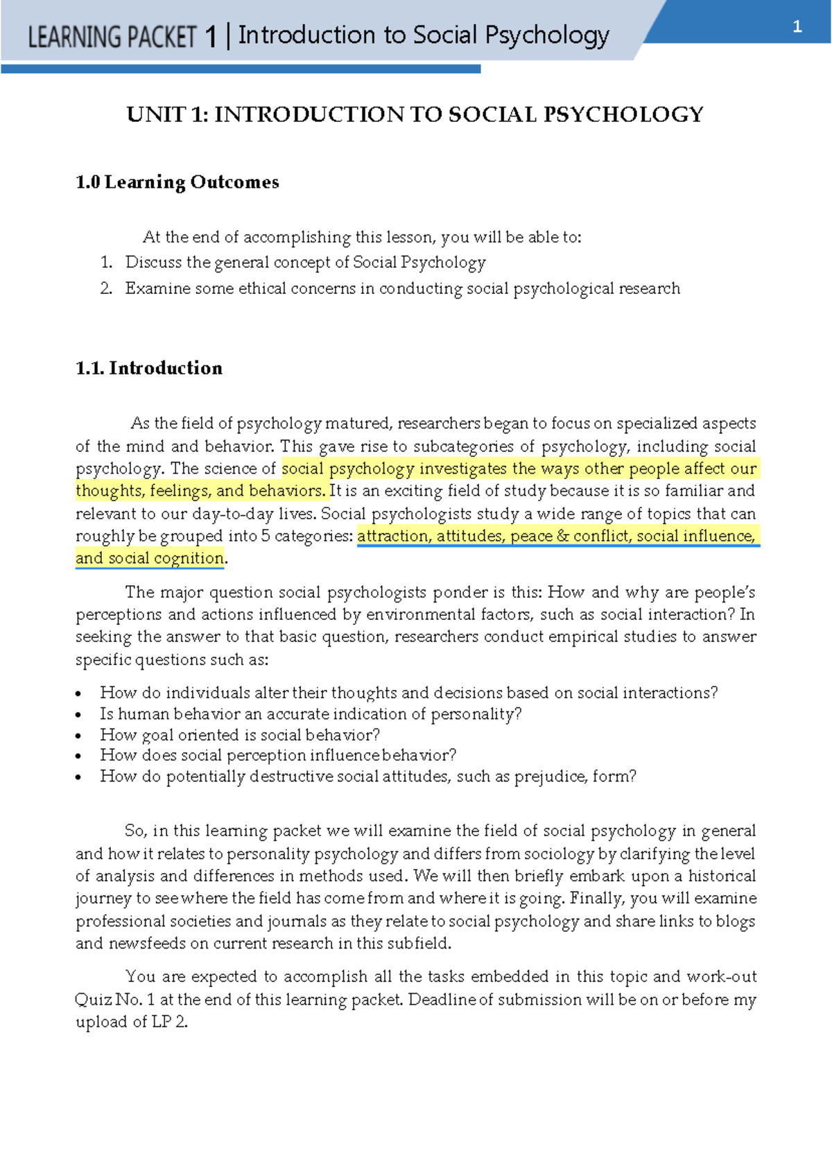 Introduction to Social Psychology (PSY 101) - Unit 1 Overview and Quiz ...