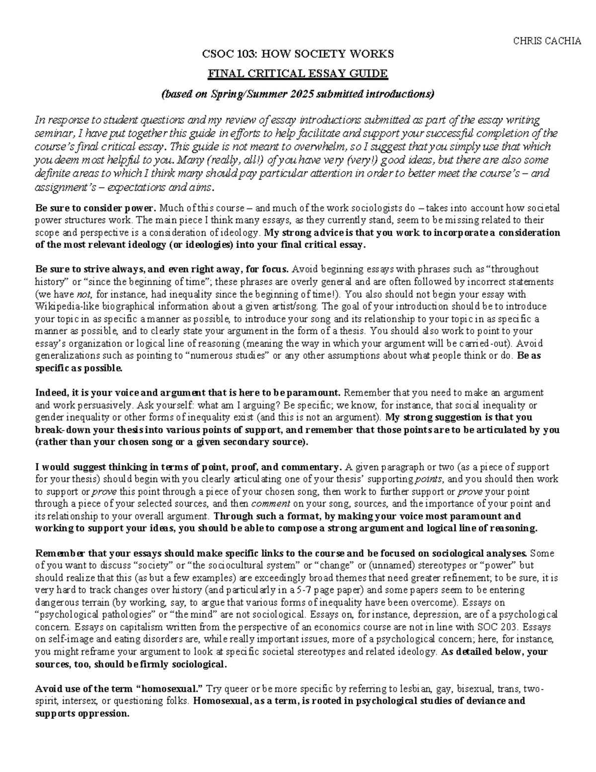 CSOC 103: Final Critical Essay Guide for 2025 Submissions - Studocu
