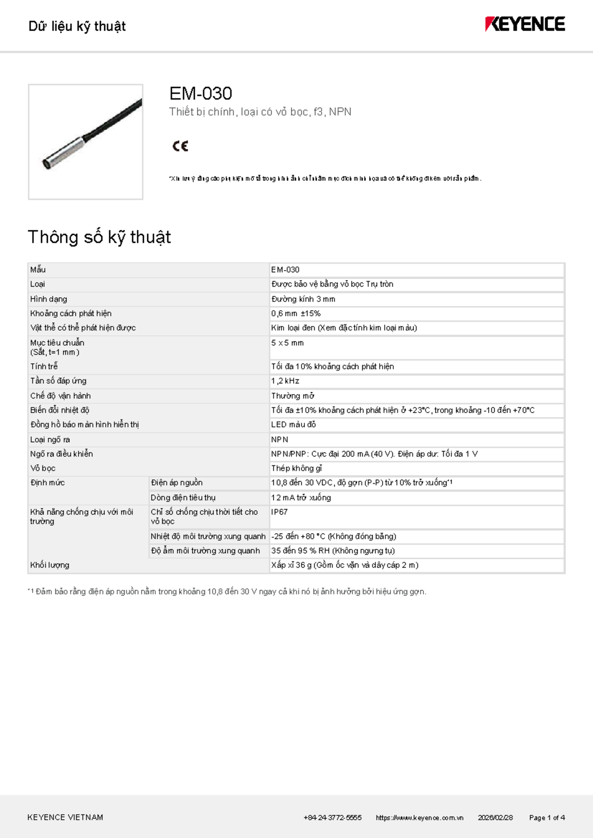 Datasheet EM-030: Thông số Kỹ thuật Thiết bị NPN có Vỏ bọc - Studocu
