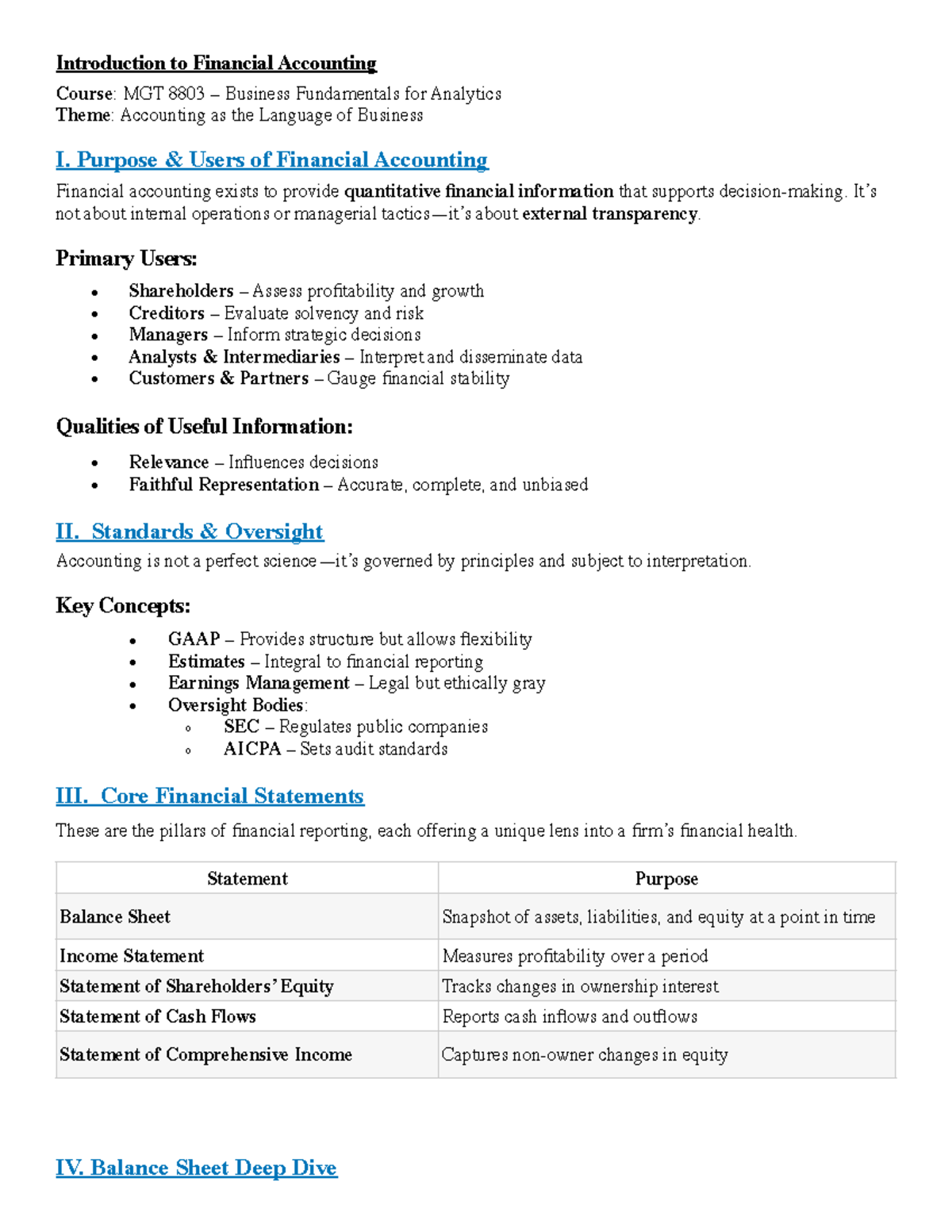 MGT 8803 Week 1 Notes: Introduction to Financial Accounting - Studocu