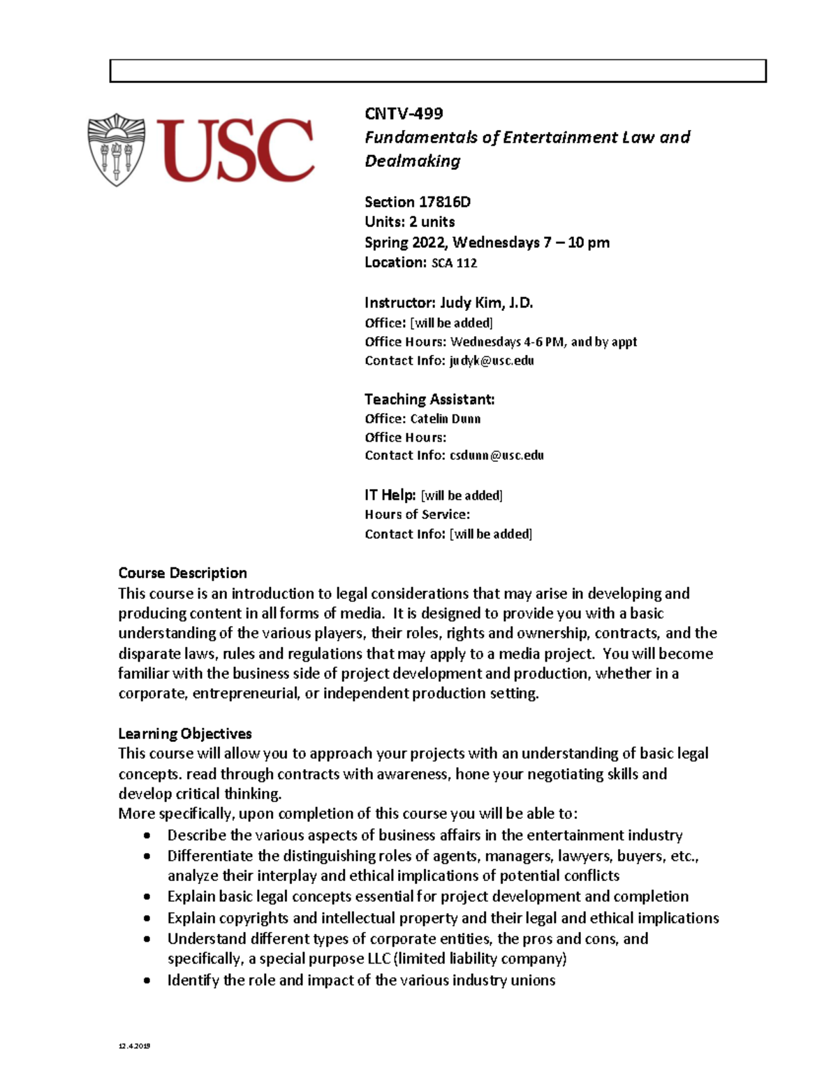 CNTV 499 Entertainment Law and Dealmaking Syllabus - CNTV-4 99 ...