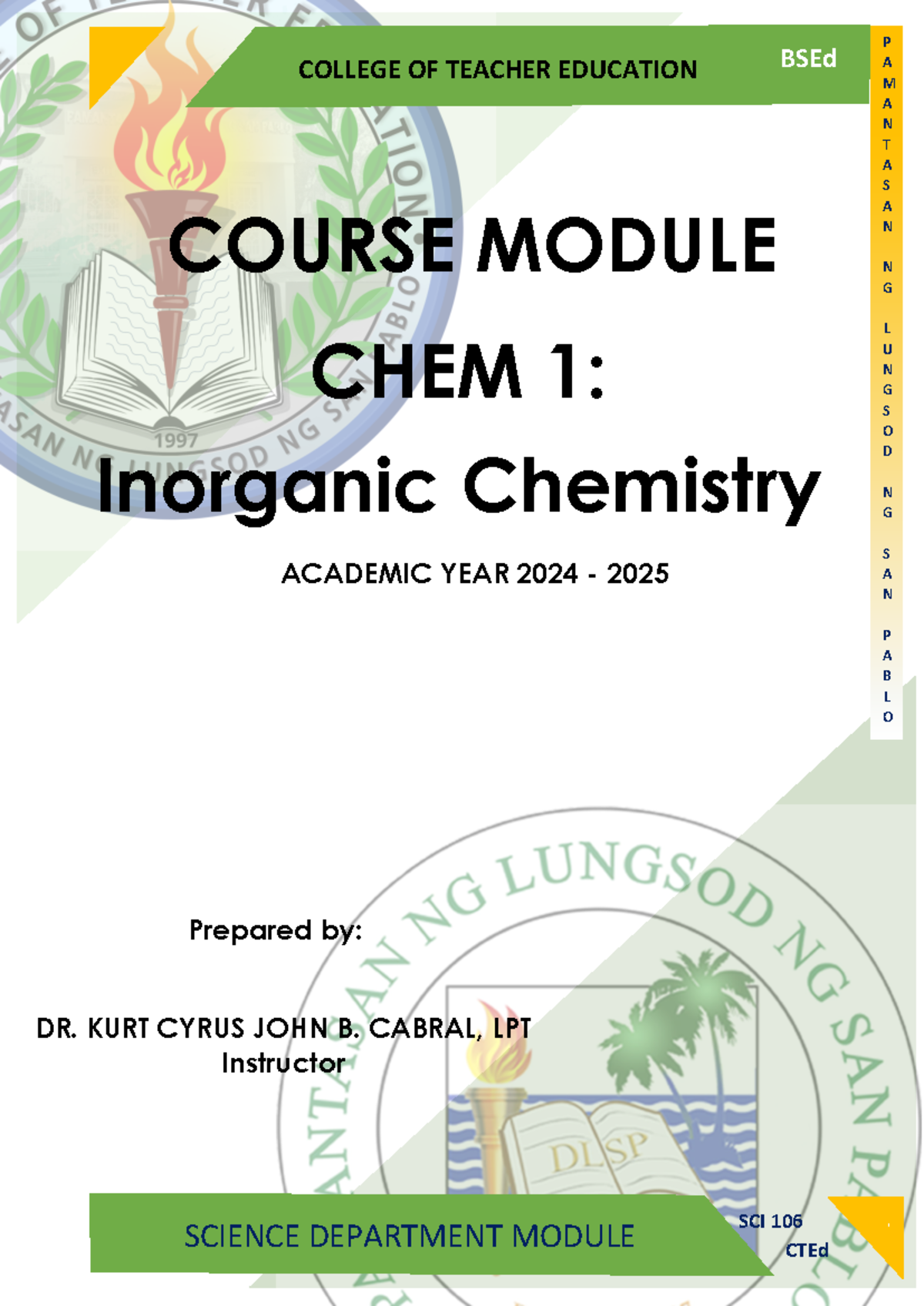 CHEM 1: Inorganic Chemistry Module for SCI 106 - BSEd Program - Document Preview