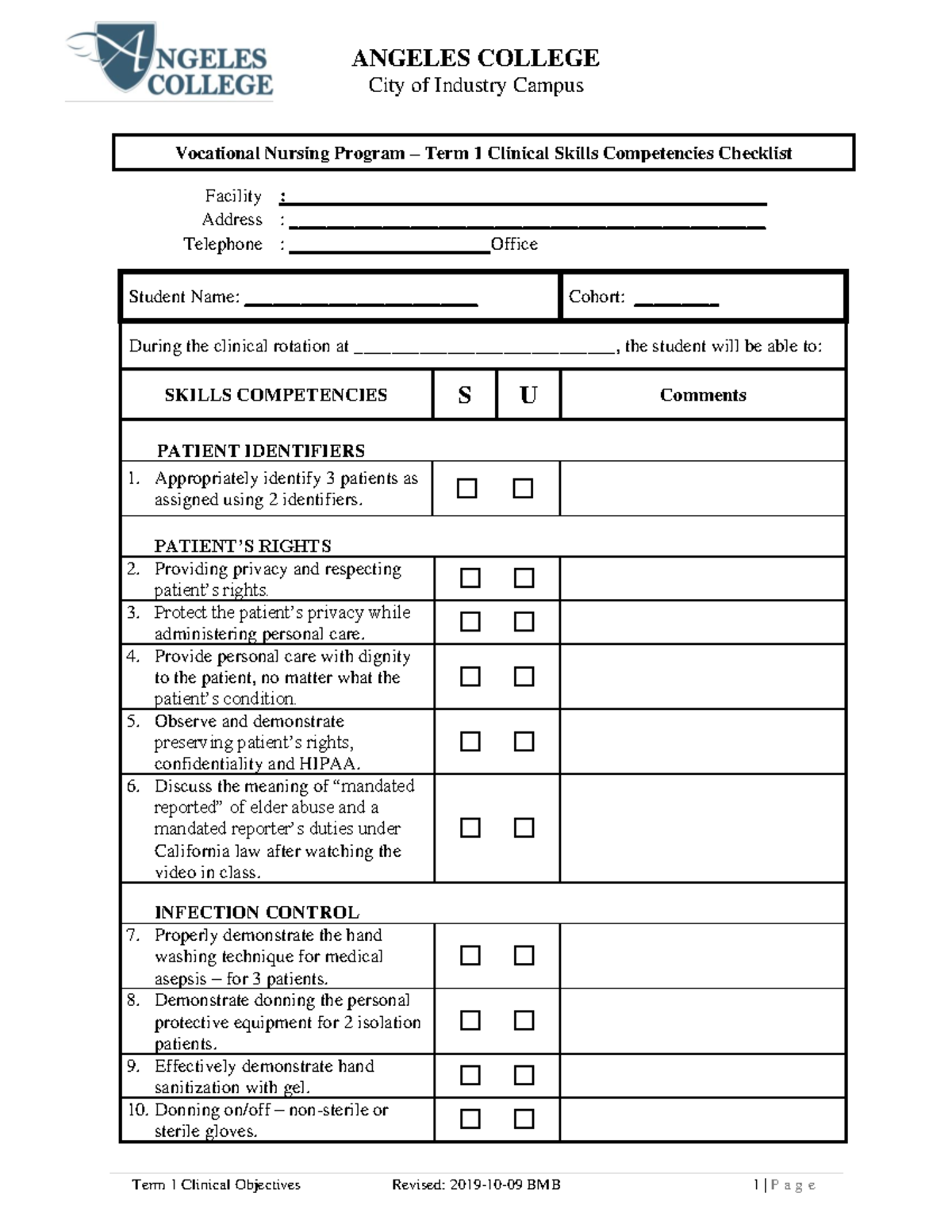 Vocational Nursing Program - Term 1 Clinical Skills Competency ...
