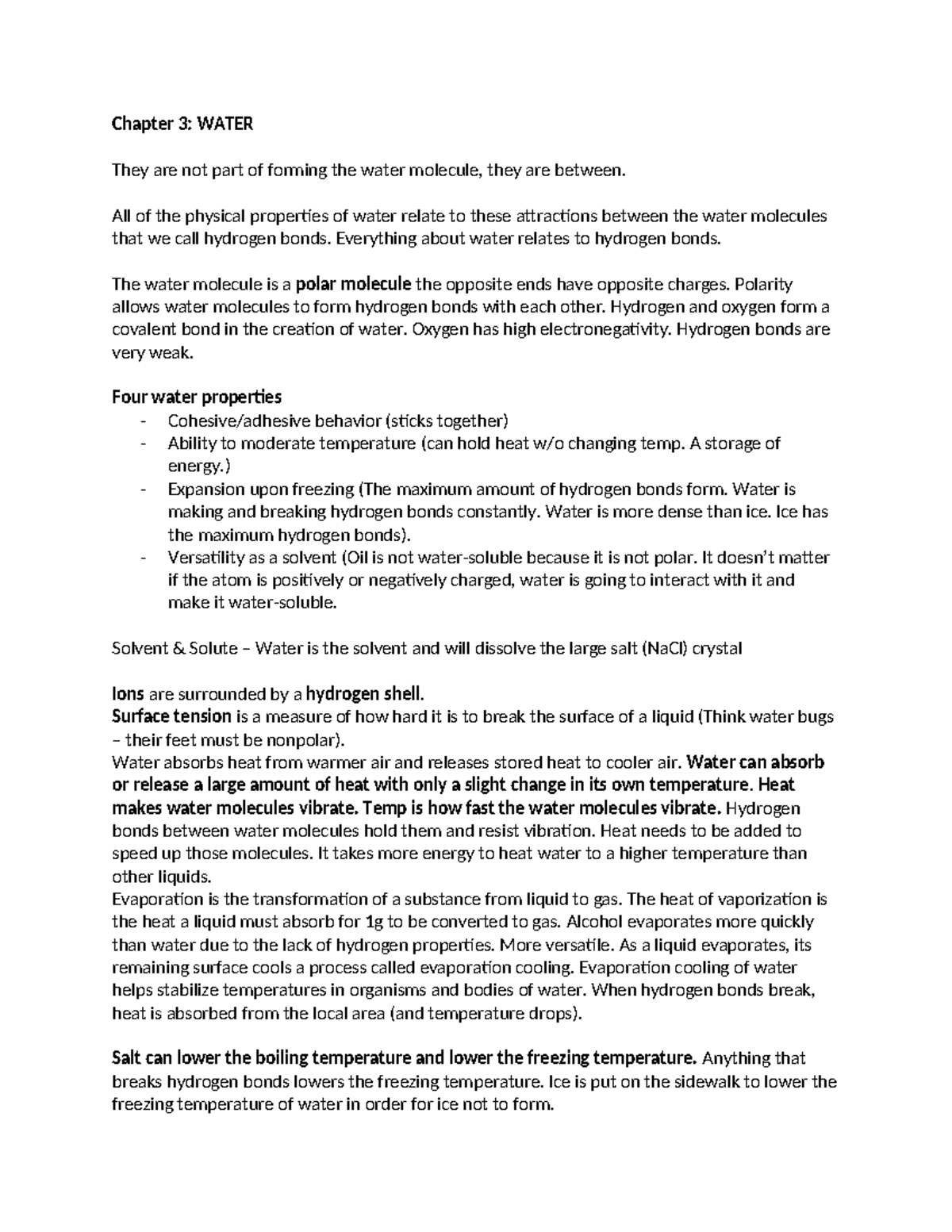 Chapter 3: Water Properties & Hydrogen Bonds - Lecture Notes - Studocu