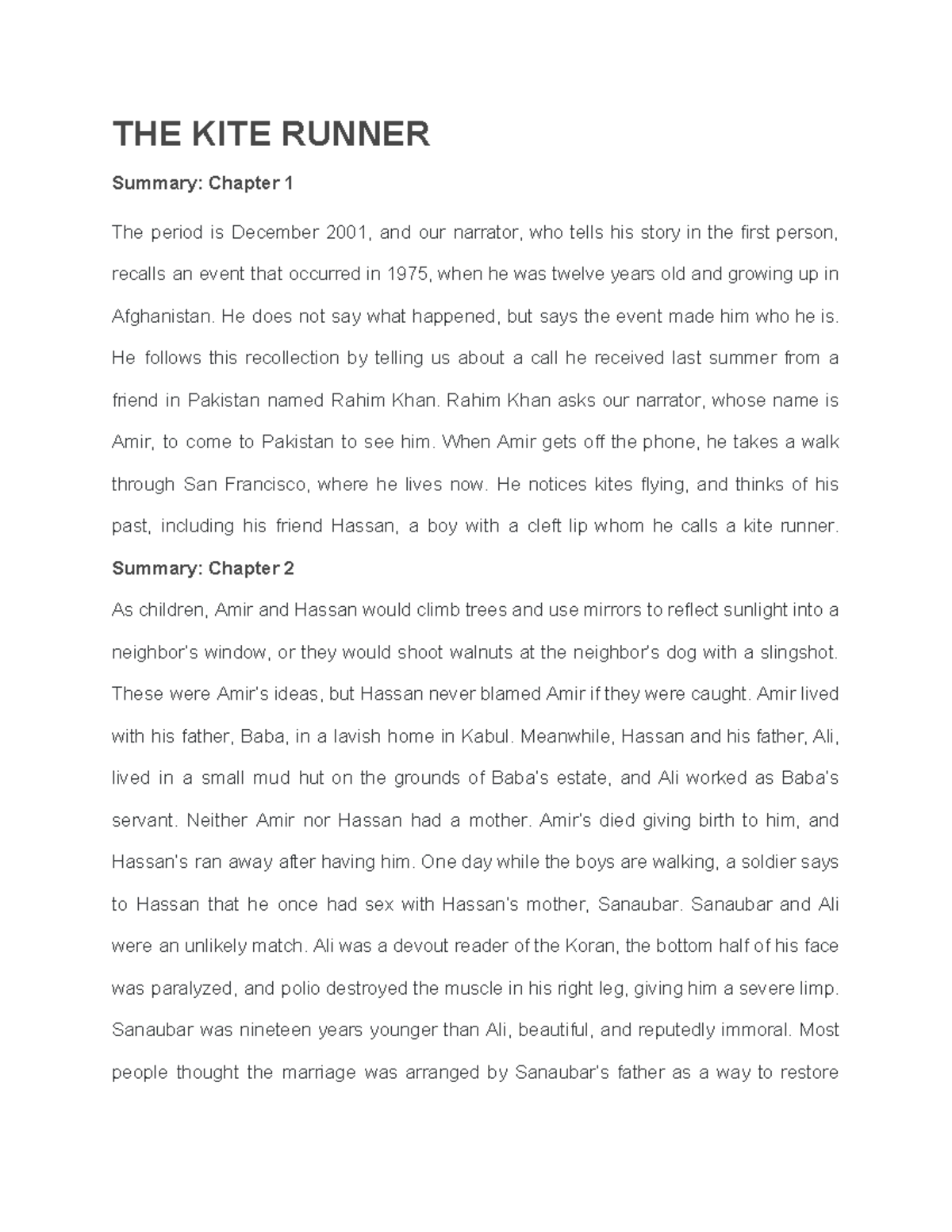 Resumen del Capítulo 1-10 de The Kite Runner (Curso: Literatura) - Studocu