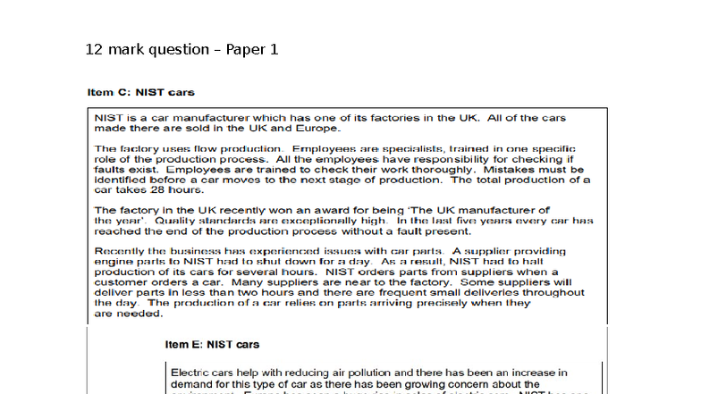 12 Mark Question Paper 1: NIST Cars Production & Sales Analysis - Studocu