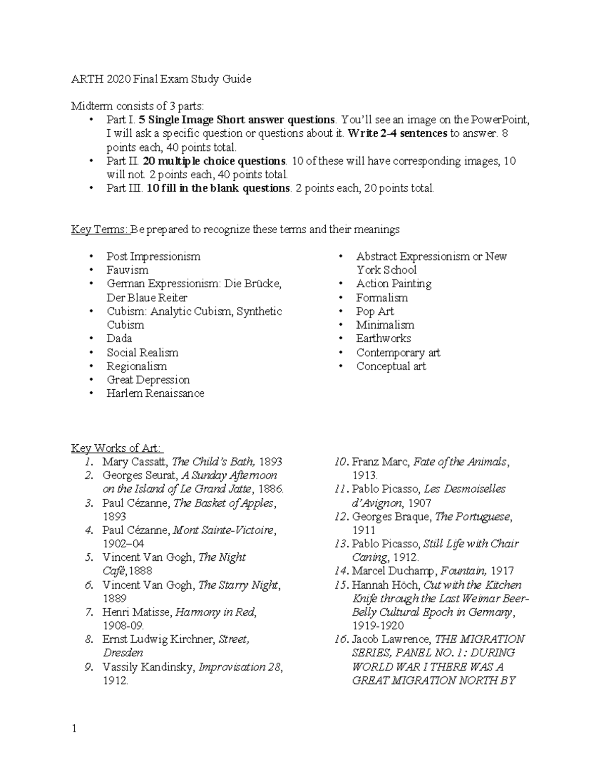 ARTH 2020 Final Exam Study Guide: Key Terms & Works of Art - ARTH 2020 ...