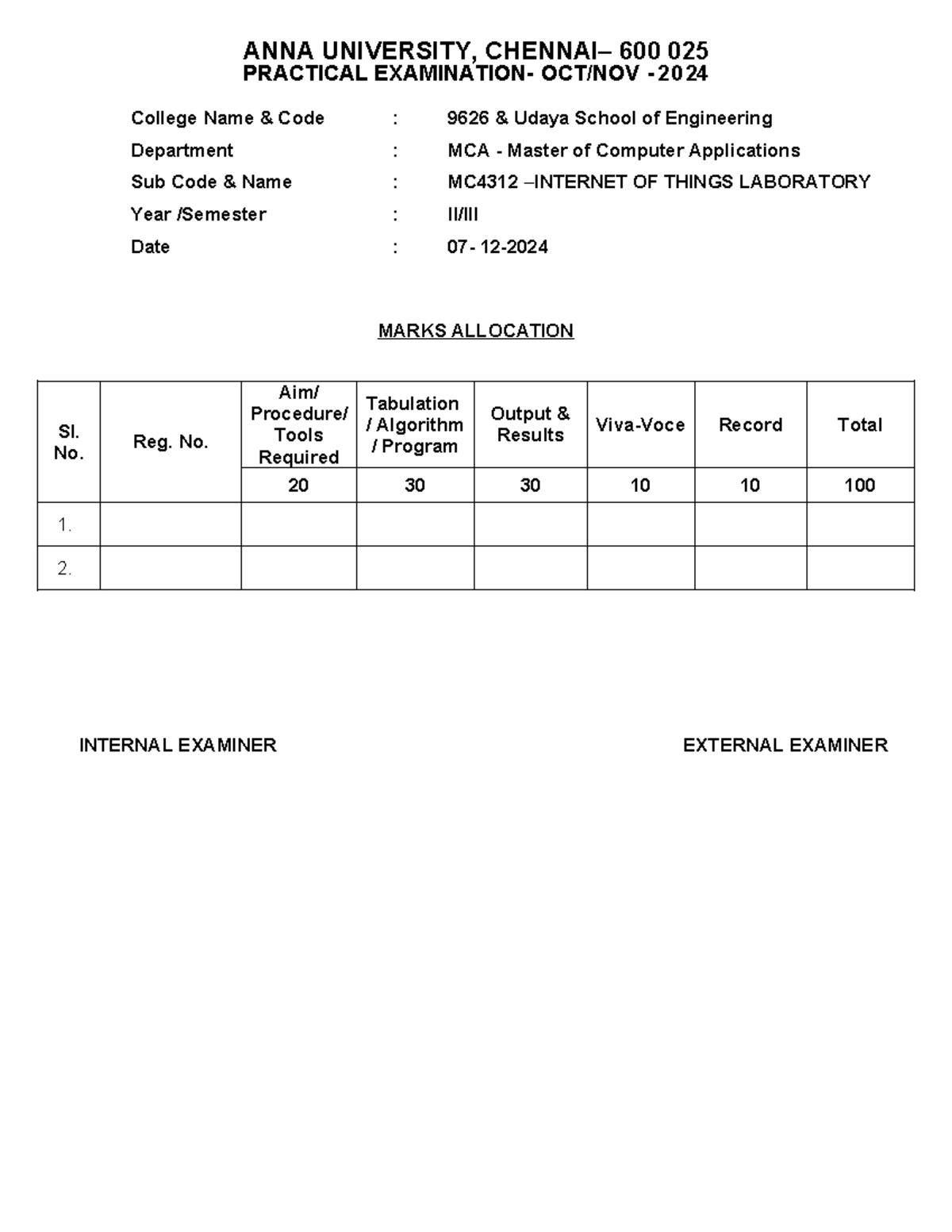 MC4312 Internet of Things Laboratory Practical Marks Allocation - Studocu